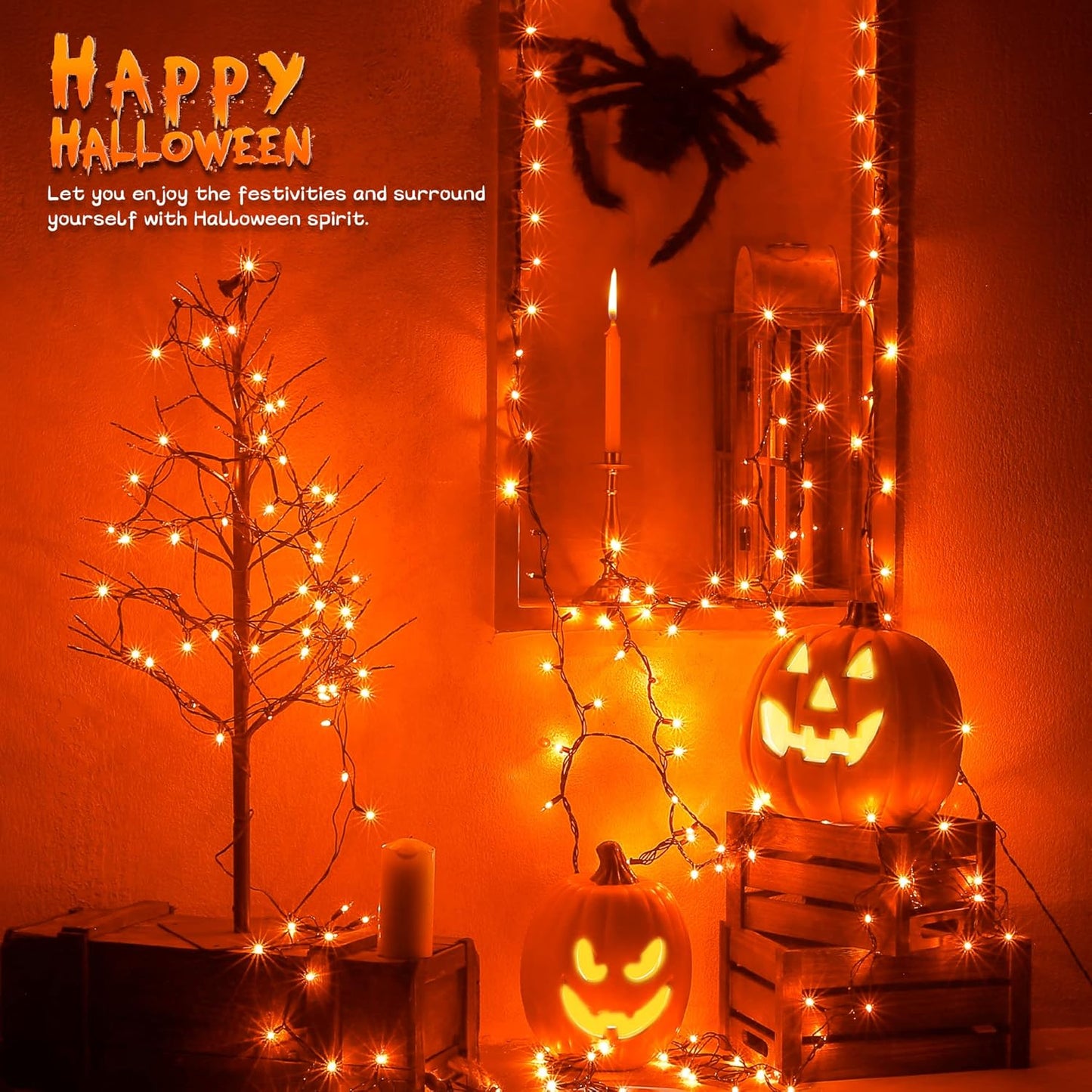 woohaha Outdoor Halloween Lights, 2PACK 13ft 50 Count Incandescent Blubs & Green Wire Mini Lights, 120 V High-Voltage Connectable Light String, for Indoor Patio Garden Tree Party Decoration, Orange