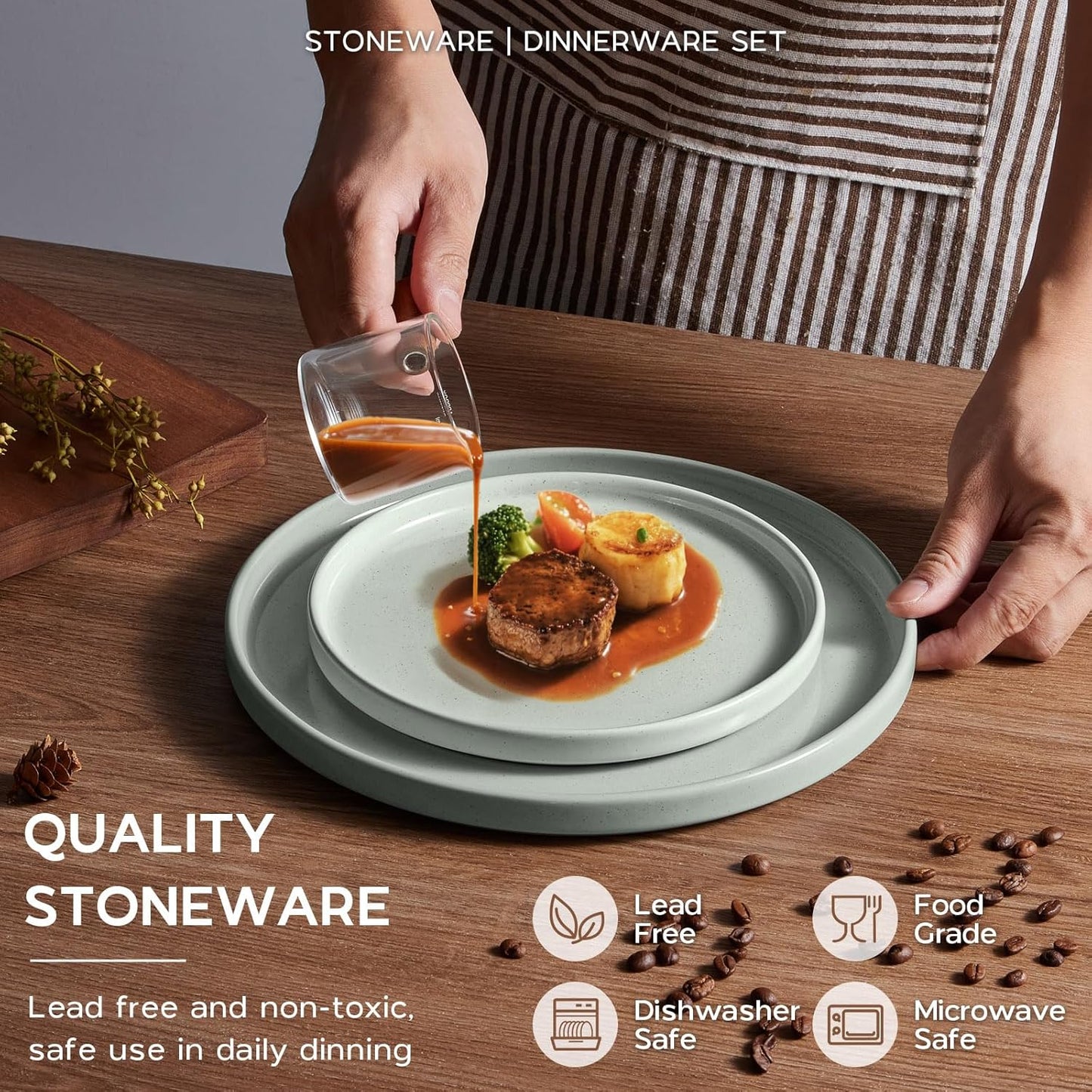 Onader Stoneware Dinnerware Sets, 8 Piece Plates and Bowls Dishes Sets for 2, Speckled Kitchen Dishware Dining Ware with Double Bowl – Pale Sage Green