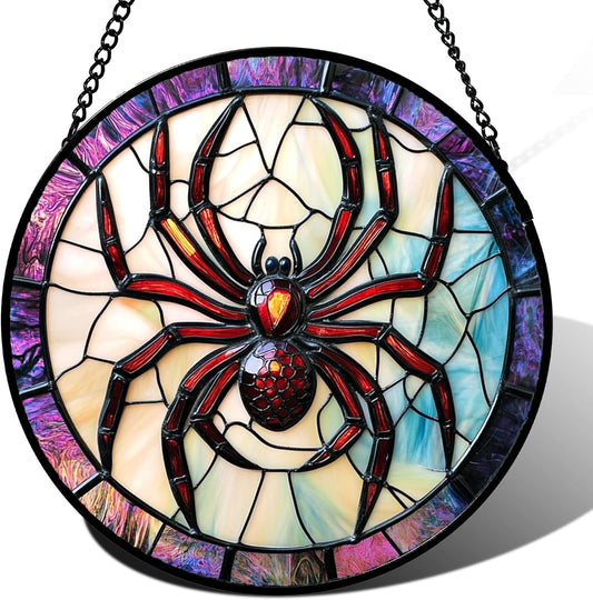 Stained Glass Window Hanging - Halloween Decorations Red Spider Goth Suncatcher for Doors Garden Indoor Funny Spooky Sun Catchers Gothic Decor Horror Gifts for Women Men Friend 15 in