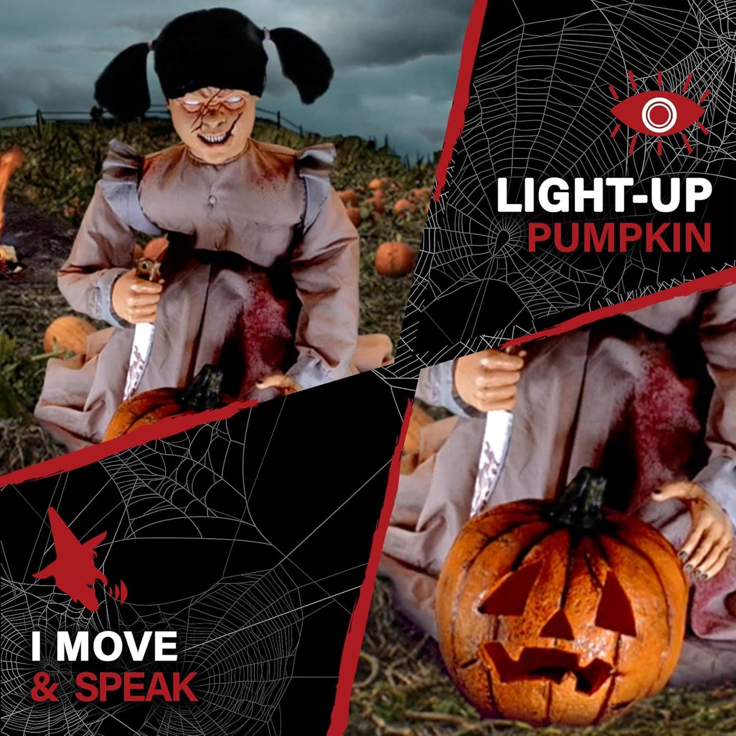Haunted Hill Farm Lunging Pumpkin Carver Zombie Girl by Tekky, Motion-Activated Talking Halloween Animatronic for Indoor or Covered Outdoor Creepy Halloween Decorations, Plug-in or Battery Operated