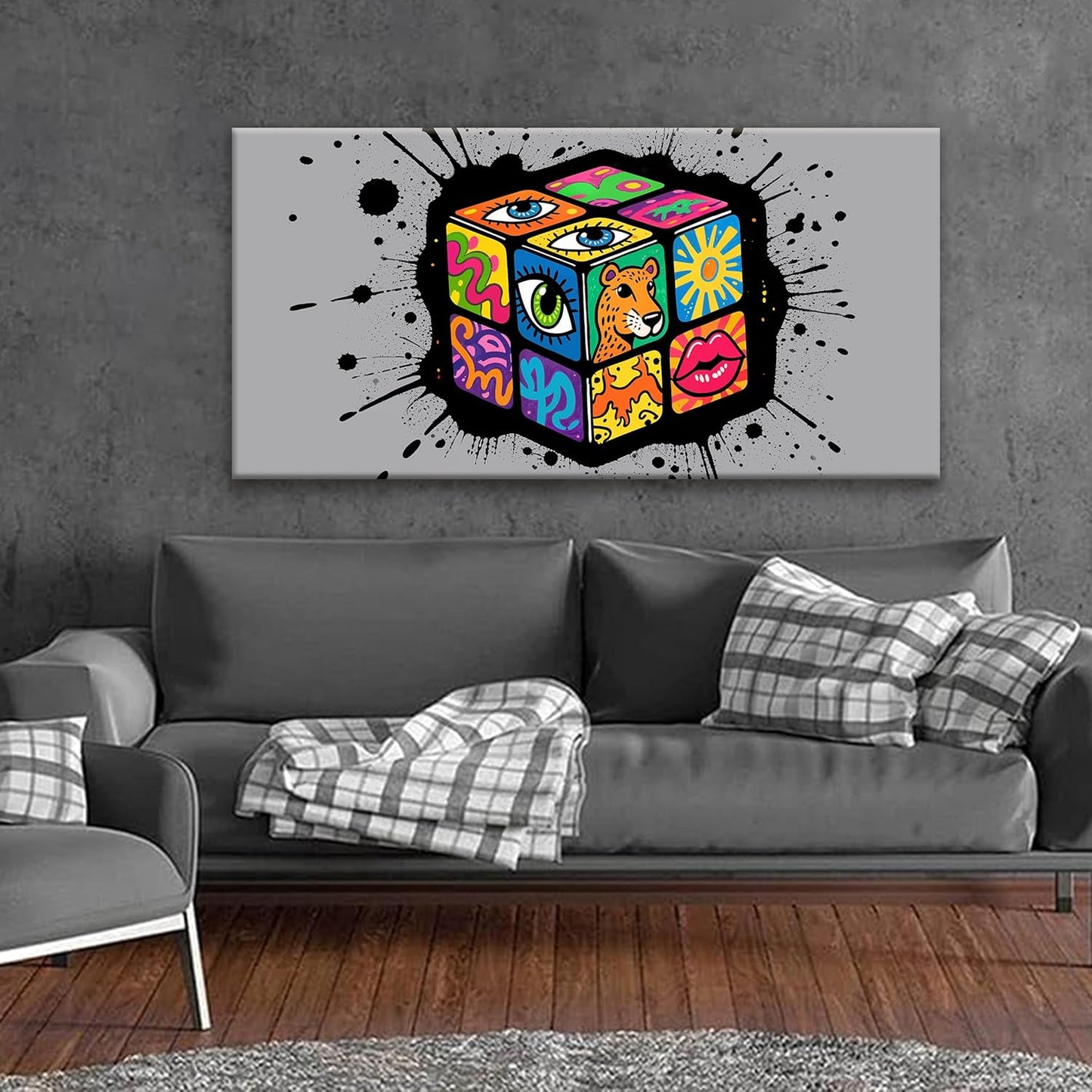 TAIJXAGSG Abstract Wall Art For Living Room Artwork Multicolor Graffiti Cube Canvas Art Wall Decor Modern Canvas Prints Pictures Abstract Wall Decor For Home Hotel Artwork 24x48 Inch
