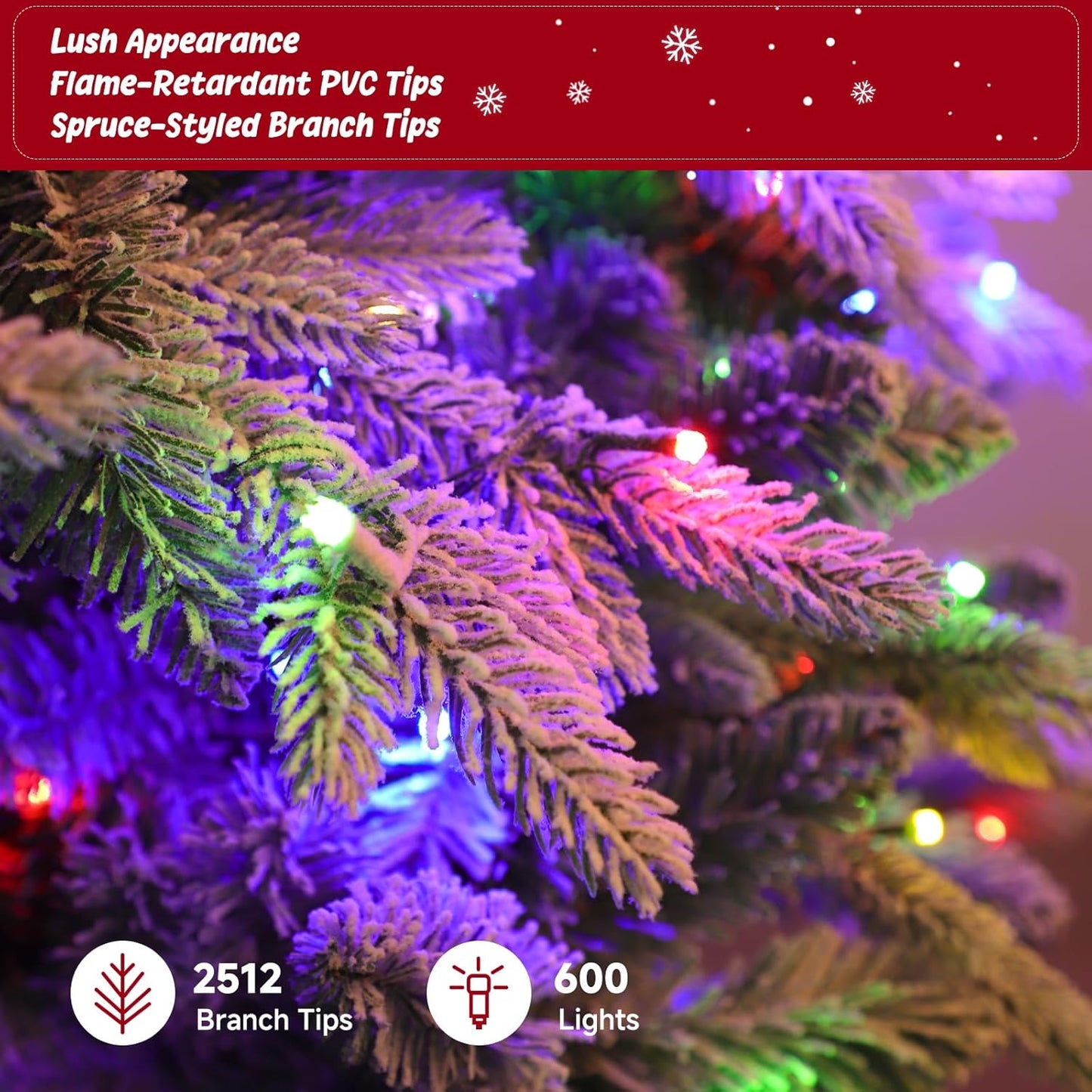 9ft 360° Rotating Pre-Lit Snow Flocked Christmas Tree, Built-in Music, Remote Control, 8 Light-Modes, White Christmas Tree for Home Decor