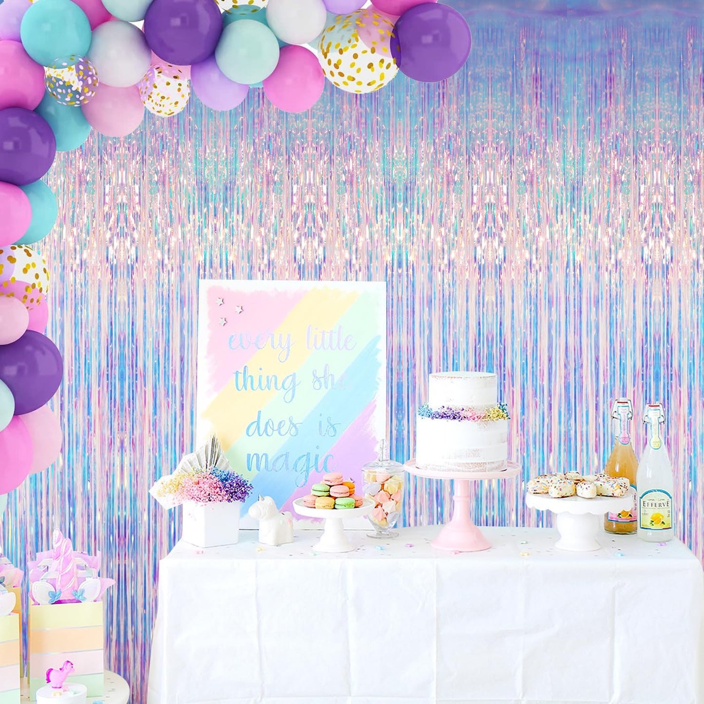 GOER 3.2 ft x 6.5 ft Metallic Tinsel Foil Fringe Curtains Photo Backdrop Party Streamers for Mermaid Birthday Party Decorations(3 Packs,Neon Blue)