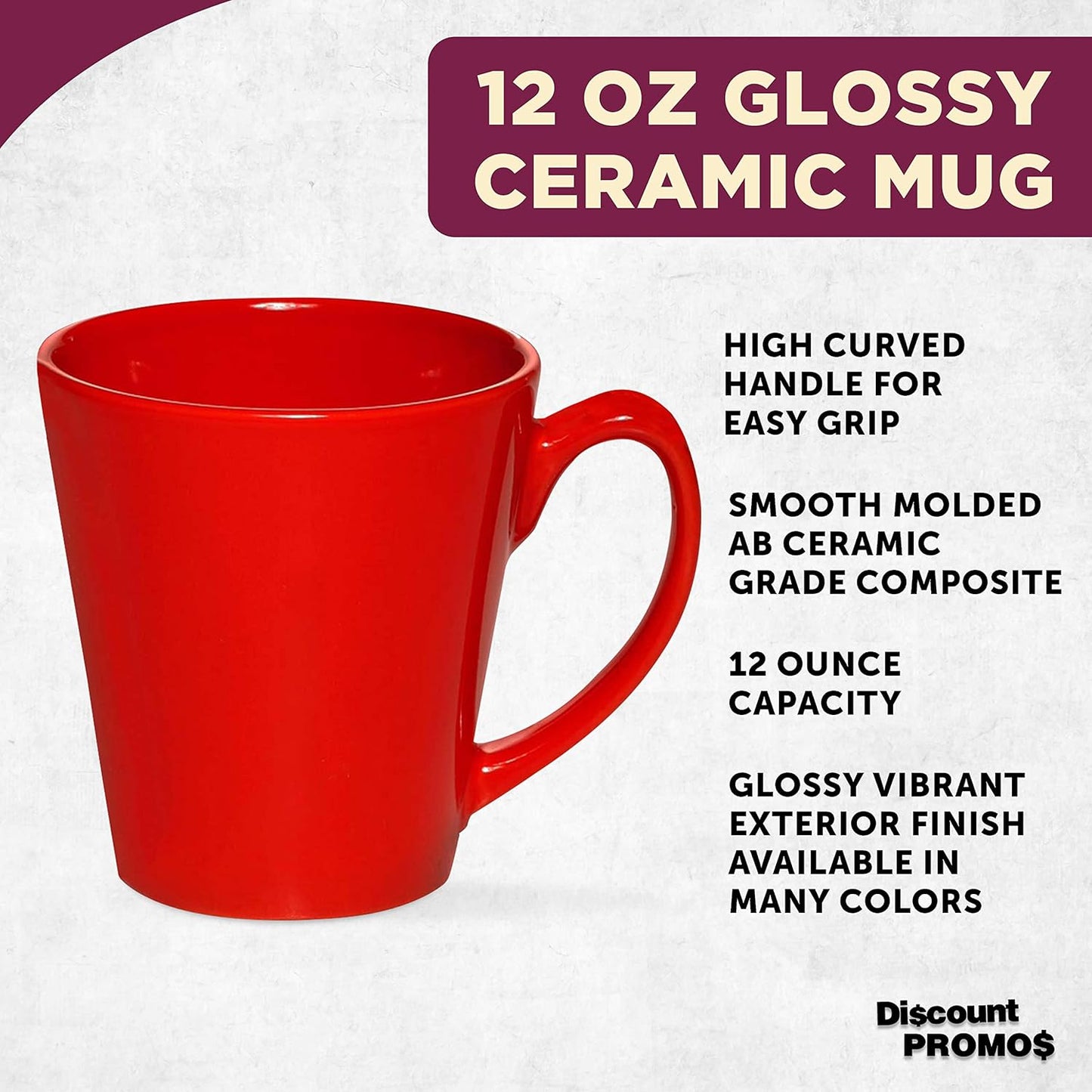 DISCOUNT PROMOS Glossy Ceramic Latte Coffee Mug 12 oz. Set of 10, Bulk Pack - Perfect for Tea, Espresso, Cappuccino, Hot Cocoa - Red