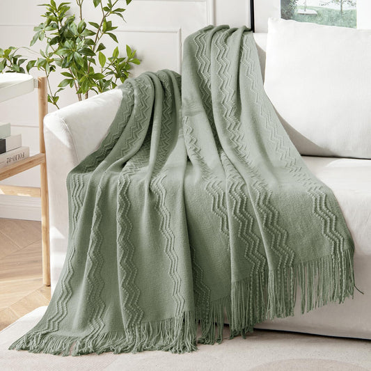 MIULEE Sage Knitted Throw Blanket for Couch Boho Green Textured Cozy Woven Decorative Farmhouse Blanket with Tassels for Sofa Chair Bed Living Room, Lightweight Spring Home Decor 50"x60"