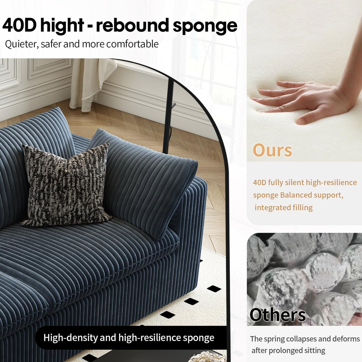 LoveSeat Cloud Couch Modular Sectional Sofa for Living Room,Modern Sofa with Deep Seat，2 Seater Boneless Couch,Comfy Upholstered Corduroy Couches for Apartment, Studio, Office,Bedroom，Blue