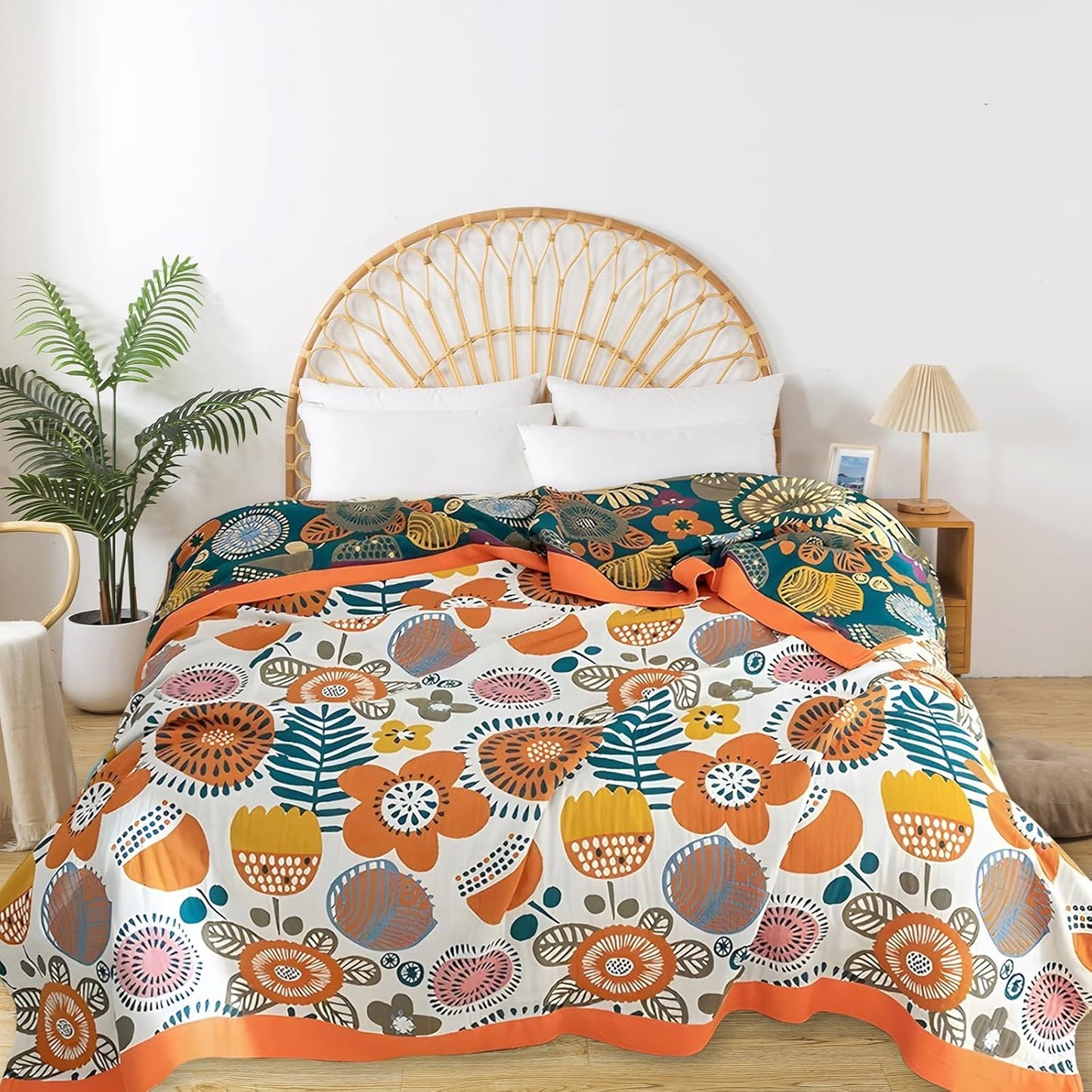 Boho Throw Blanket for Bed - 100% Pure Cotton Ultra Soft Rustic Quilt - Farmhouse Decor Bed Blankets, All Season Rustic Throw for Sofa Couch Chair(60"×80", Floral Print 2)