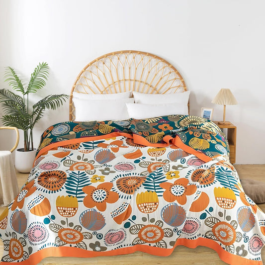 Boho Throw Blanket for Bed - 100% Pure Cotton Ultra Soft Rustic Quilt - Farmhouse Decor Bed Blankets, All Season Rustic Throw for Sofa Couch Chair(91''x 98'', Floral Print 2)