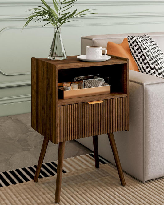 Nightstand,Modern Bedside Table with Storage Drawer and Open Wood Shelf, Accent Night Stand with Solid Wood Legs for Living Room, Bedroom and Small Spaces,Easy Assembly (Walnut Brown)