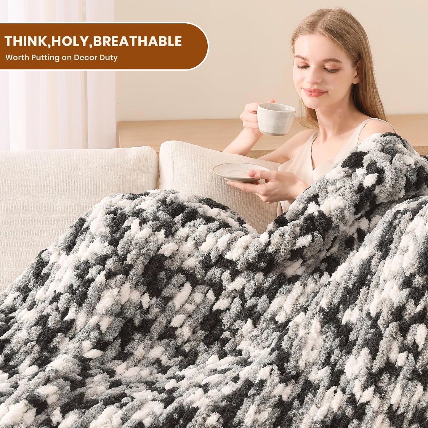 L'AGRATY Chunky Knit Blanket Throw: 50''x60'' Chenille Chunky Knitted Throw Blankets for Bed Couch - Handmade Thick Cable Knit Blanket - Large Crochet Rope Blankets for Home Decor