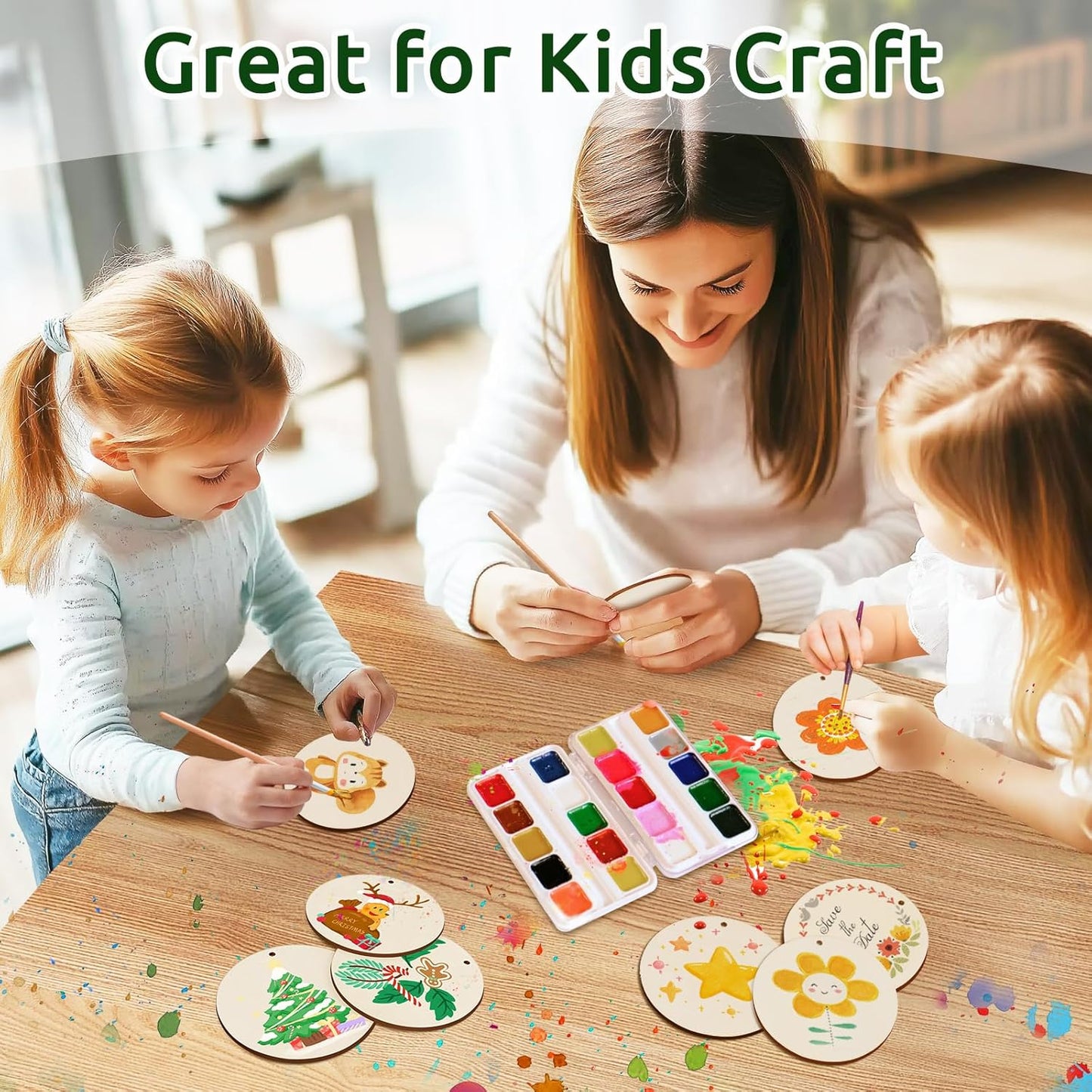 Philorn 50pcs Wooden Ornaments for Crafts 3.5" Unfinished DIY Wooden Christmas Ornaments, Predrilled Wood Slices Circles for Crafts Paint Holiday Hanging Decorations (50pc Rounds)