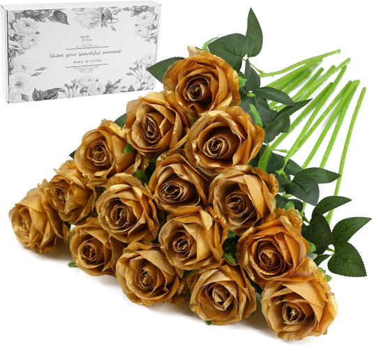 Gold Fake Roses Artificial Flowers - 16 Pcs Fake Artificial Roses Silk Flowers with Stems for Home Wedding Hotel Office Centerpiece Decor