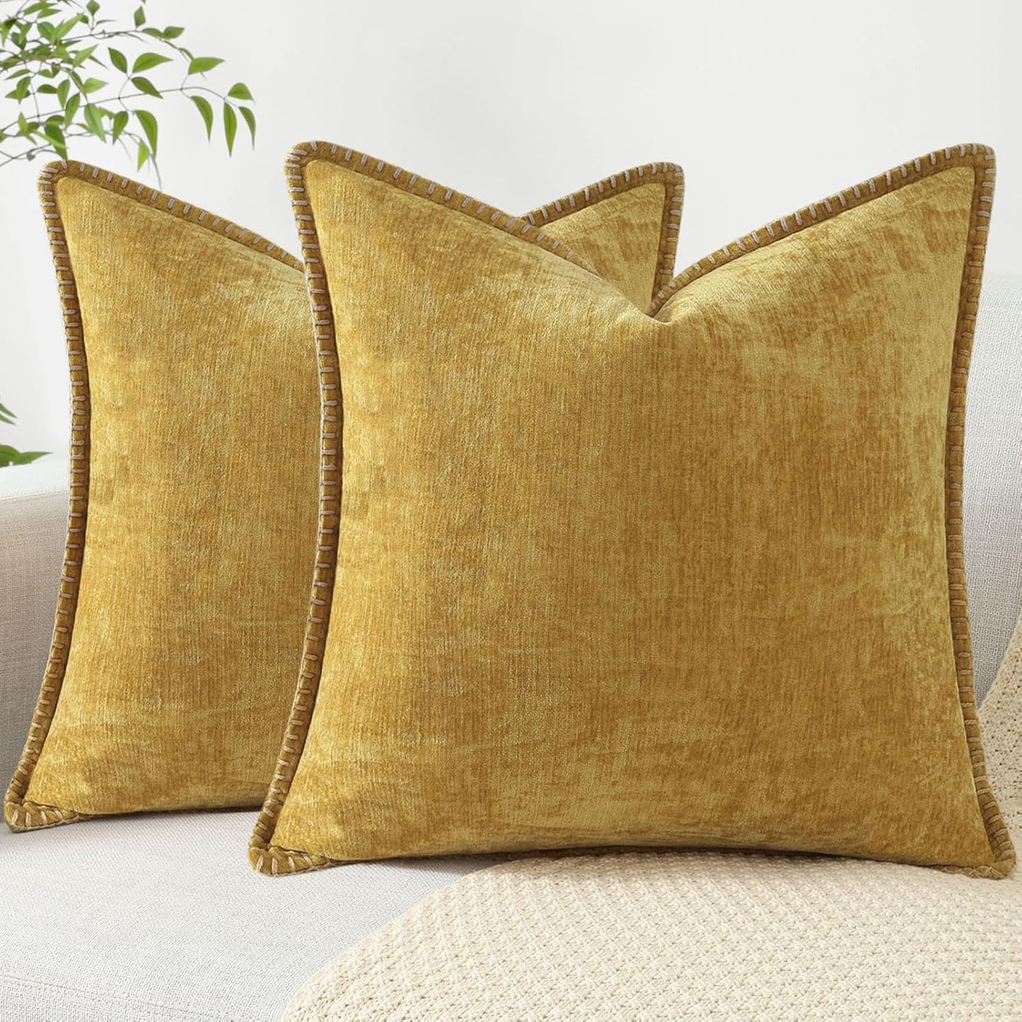 decorUhome Chenille Soft Throw Pillow Covers 26x26 Set of 2, Farmhouse Velvet Neutral Decorative Euro Pillow Covers with Stitched Edge for Couch Sofa Bed Home Decor, Mineral Yellow