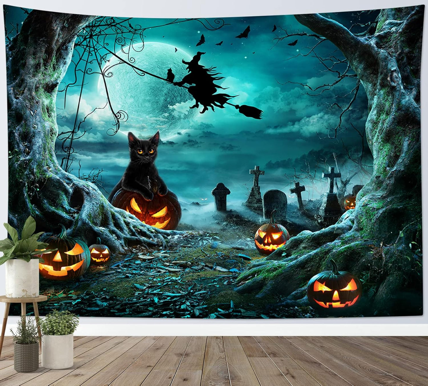 LB Teal Halloween Witch Tapestry Horror Black Cat Dead Tree in Graveyard Full Moon Night Tapestry Wall Art Spooky Pumpkin Wall Decor for Bedroom Living Room Dorm Holiday Party Decor 60x40 Inch