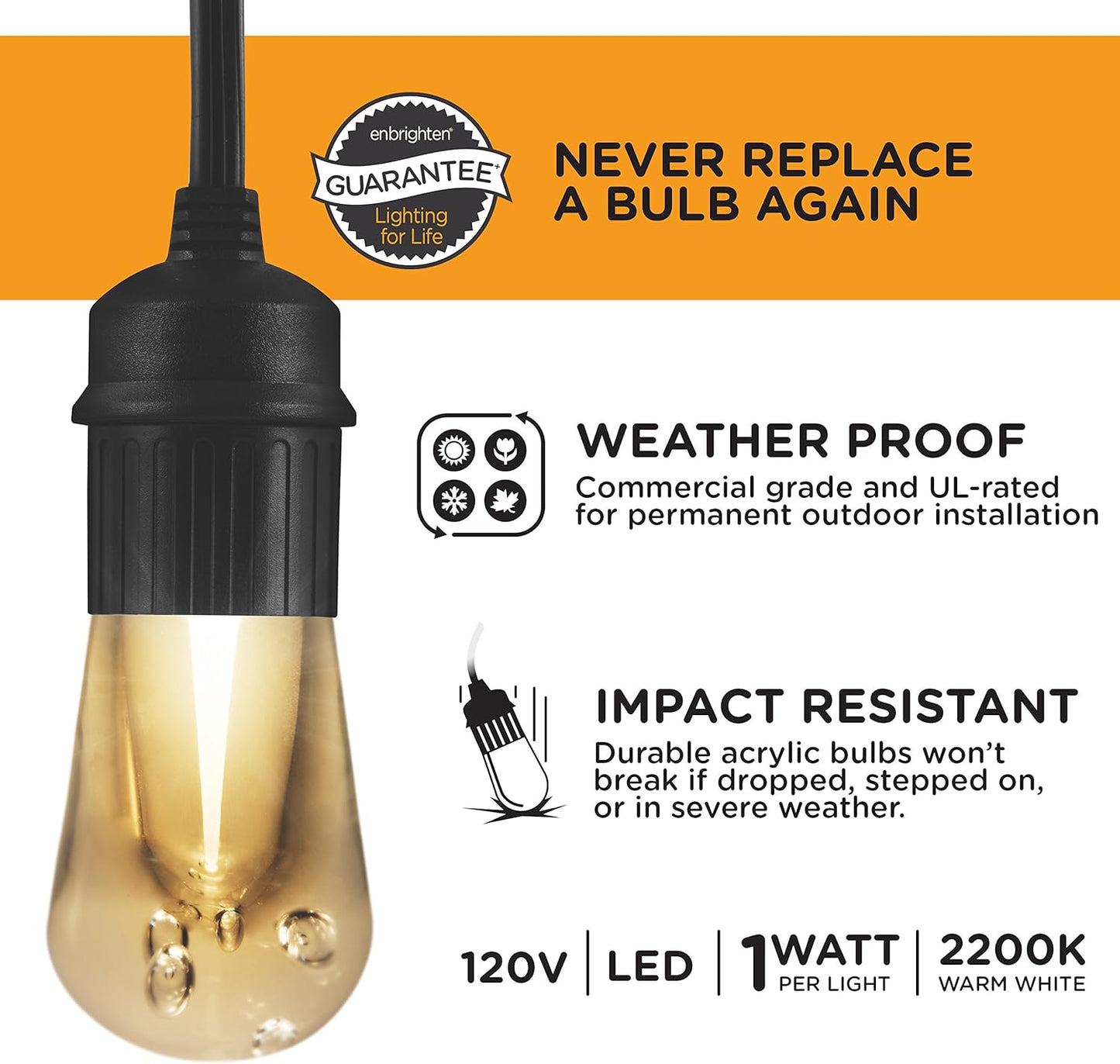 Enbrighten LED Outdoor String Lights 48ft Soft Warm White Patio Lights with Ultra-Durable Shatterproof and Waterproof Acrylic Bulbs for Balcony, Backyard, Porch, Gazebo, Deck, Party and Market, 35631