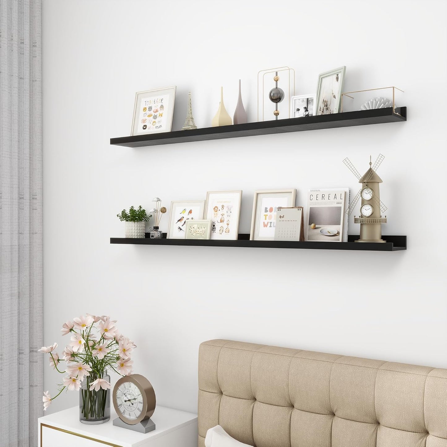 Picture Ledge Shelf, Wood Long Floating Shelves for Wall, Set of 2, 48 inch Picture Ledge Shelves, Photo Ledge Nursery Book Shelves Wall Mounted for Living Room Kids' Room Bedroom, Color Black