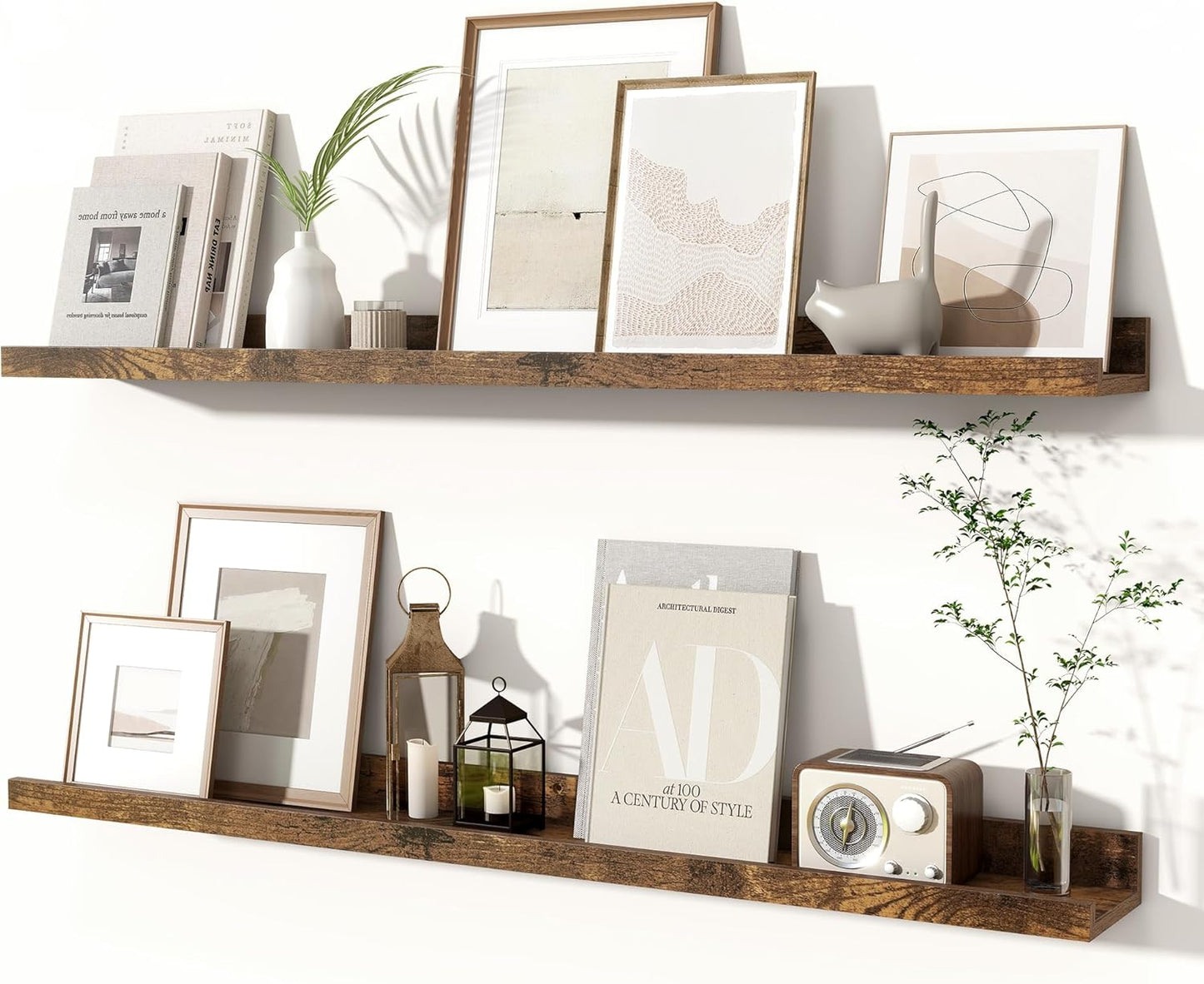 Fun Memories Picture Ledge Shelves Set of 2, 36 Inch Rustic Wall Mounted Floating Shelves with Lip for Home Storage and Décor in Bathroom, Kitchen, Nursery, Bedroom, Living Room, Brown