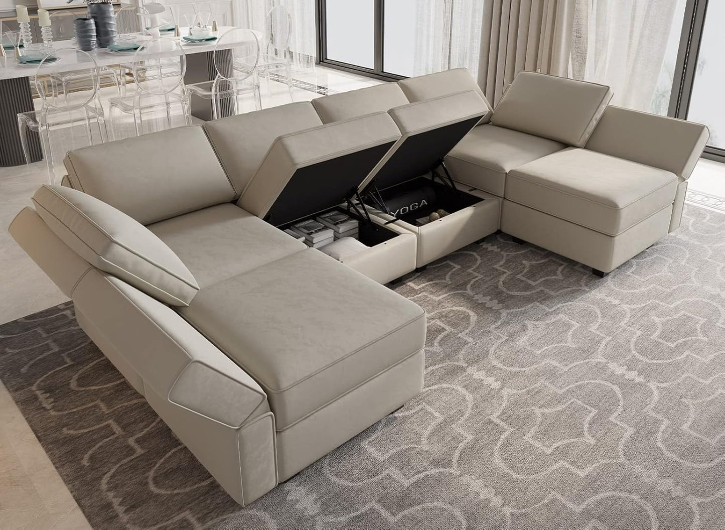 Belffin Modular U Shaped Couch with Storage Seat Reversible Sectional Sofa with Chaise Velvet Grey…