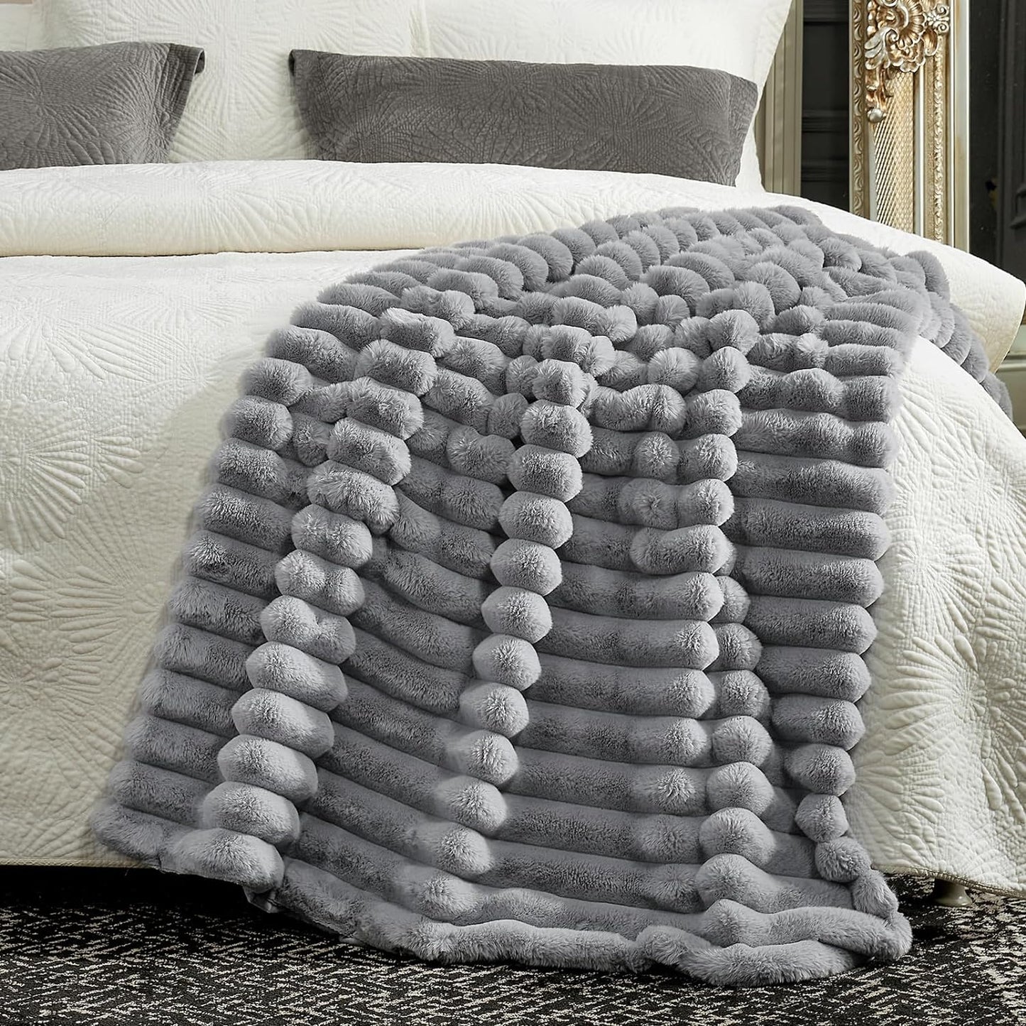 Cozy Bliss Faux Fur Throw Blanket for Couch, Cozy Warm Plush Striped Blanket for Sofa Bedroom Living Room,50 * 60 Inches Grey