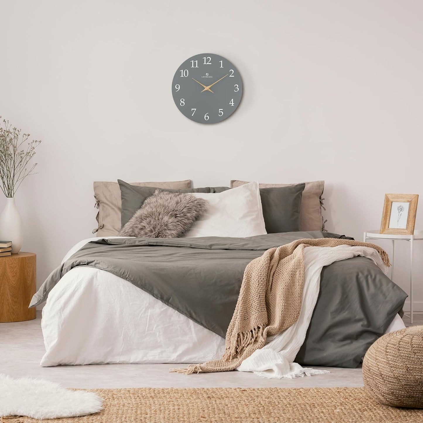 Lafocuse 12 Inch Silent Grey Wall Clock Battery Operated for Living Room Decor, Simple Minimalist Wooden Wall Clock for Kitchen Bedroom Office