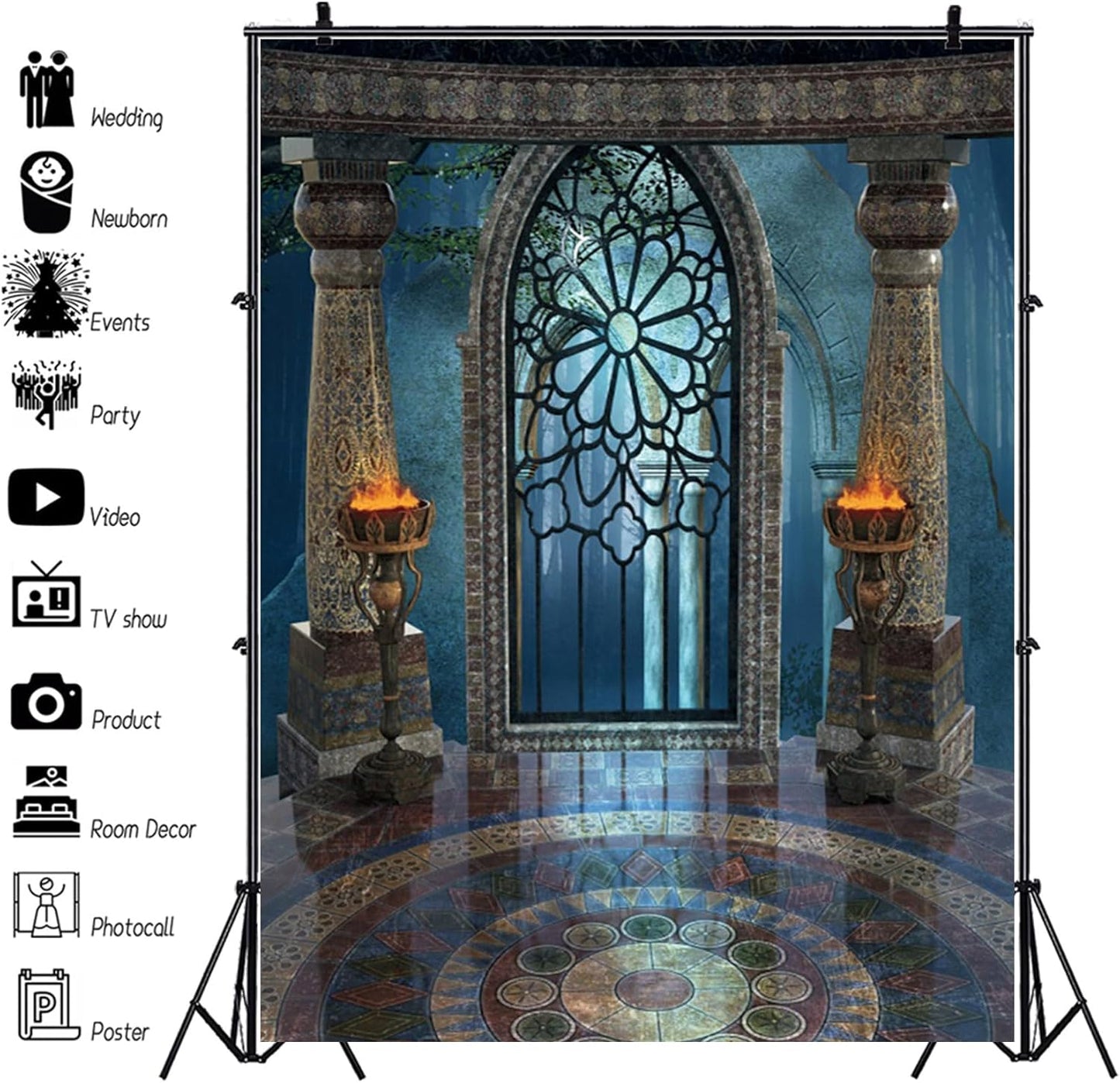 Renaiss 8x10ft Medieval Castle Backdrop for Photoshoot Portrait Pillar Torch Gothic Stone Tower Ancient Old Fortress Interior Photography Background Halloween Party Decor Wallpaper Photo Studio Props