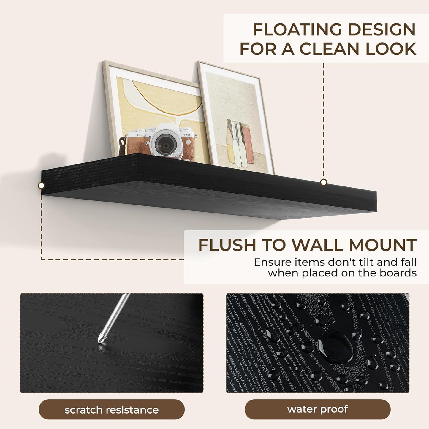 RICHFOCUS 36Inch Floating Shelves for Wall 2 Pack Shelves for Bedroom|Kitchen|Bathroom Wall Mounted Rustic Wood Floating Shelf with Invisible Brackets for Books|Storage|Decor, Black