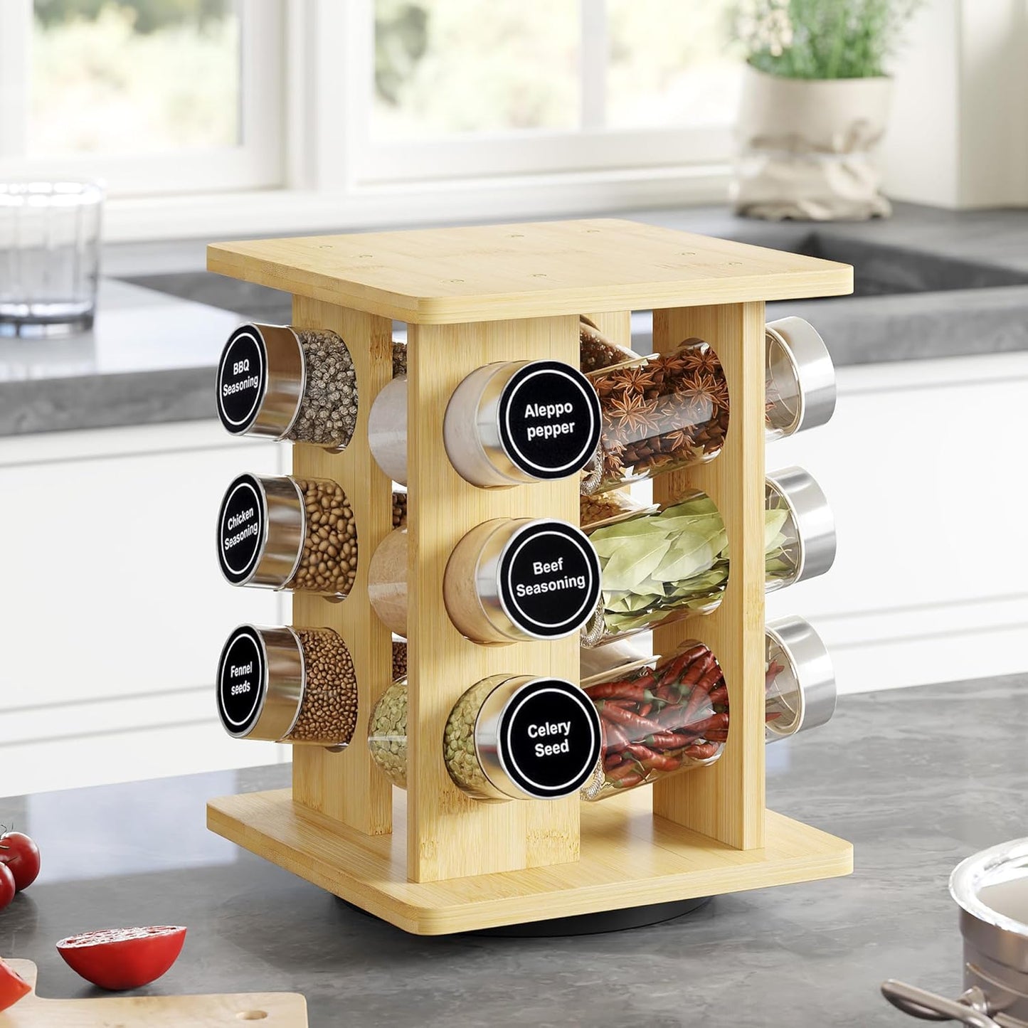 WelFurGeer Bamboo Spice Rack Organizer for Countertop, Revolving Spice Shelf with 12 Glass Jars, Lids & Labels, Desktop Rotating Seasoning Organizer for Kitchens, Space-Saving Design