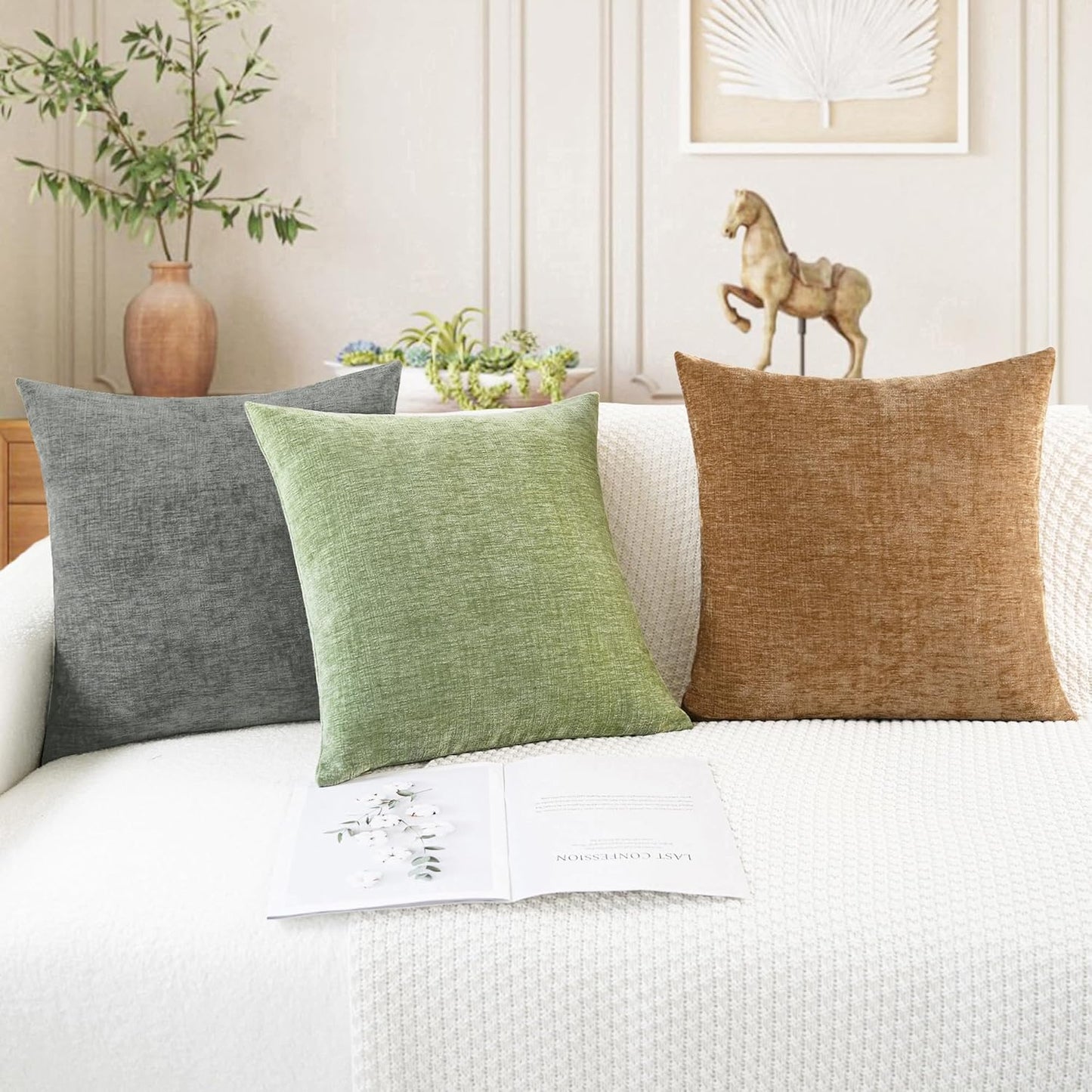 CaliTime Throw Pillow Covers Decorative 24 X 24 Inches Pack of 2 Cozy Chenille Cushion Cases for Couch Sofa Bed Living Room Home Apricot Brown