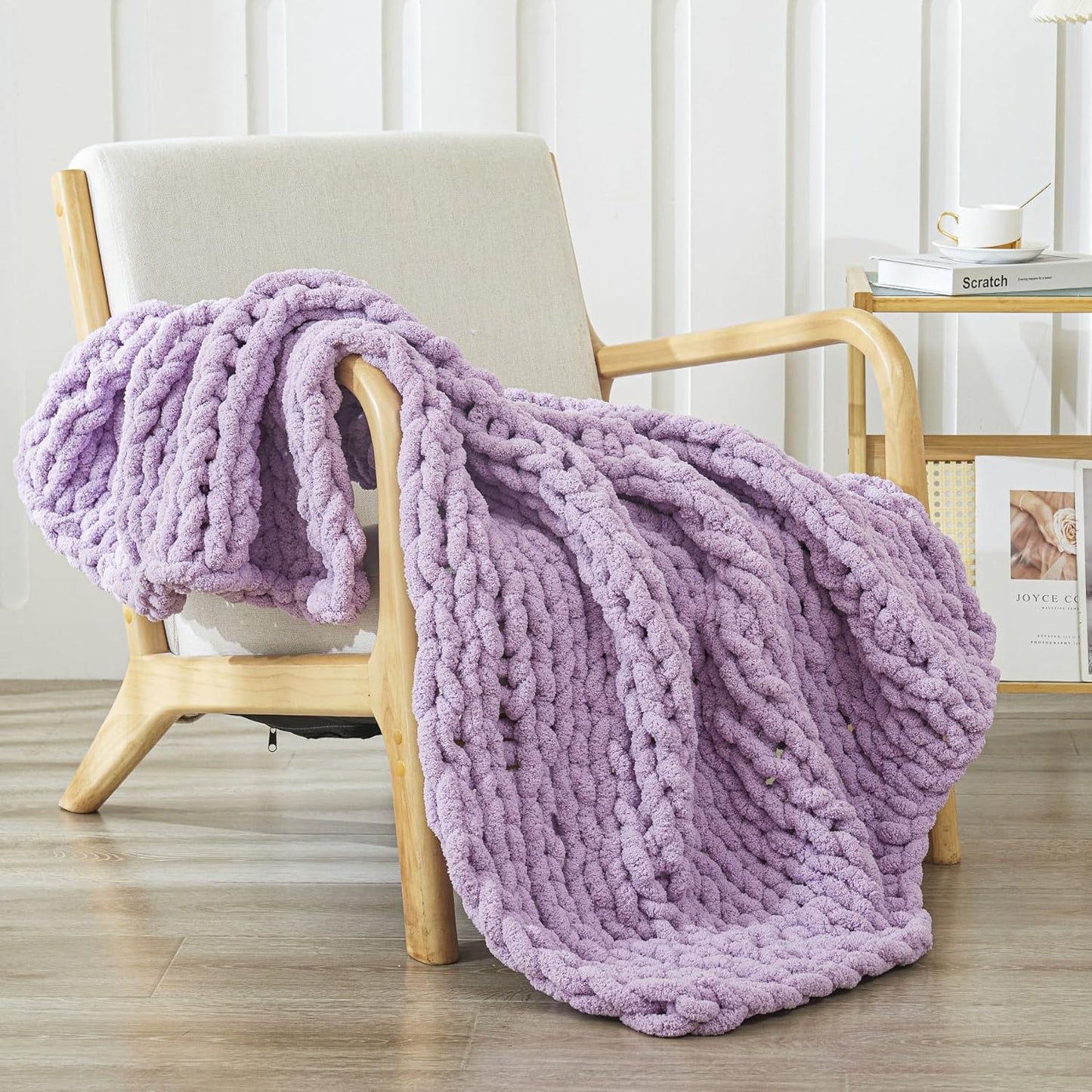 WESHIONGOO Chunky Knit Blanket Throw 40"*40" Knitted Throw Blankets for Couch Bed Fluffy Soft Blanket with Jumbo Chenille Yarn Thick 100% Handmade(Lilca)