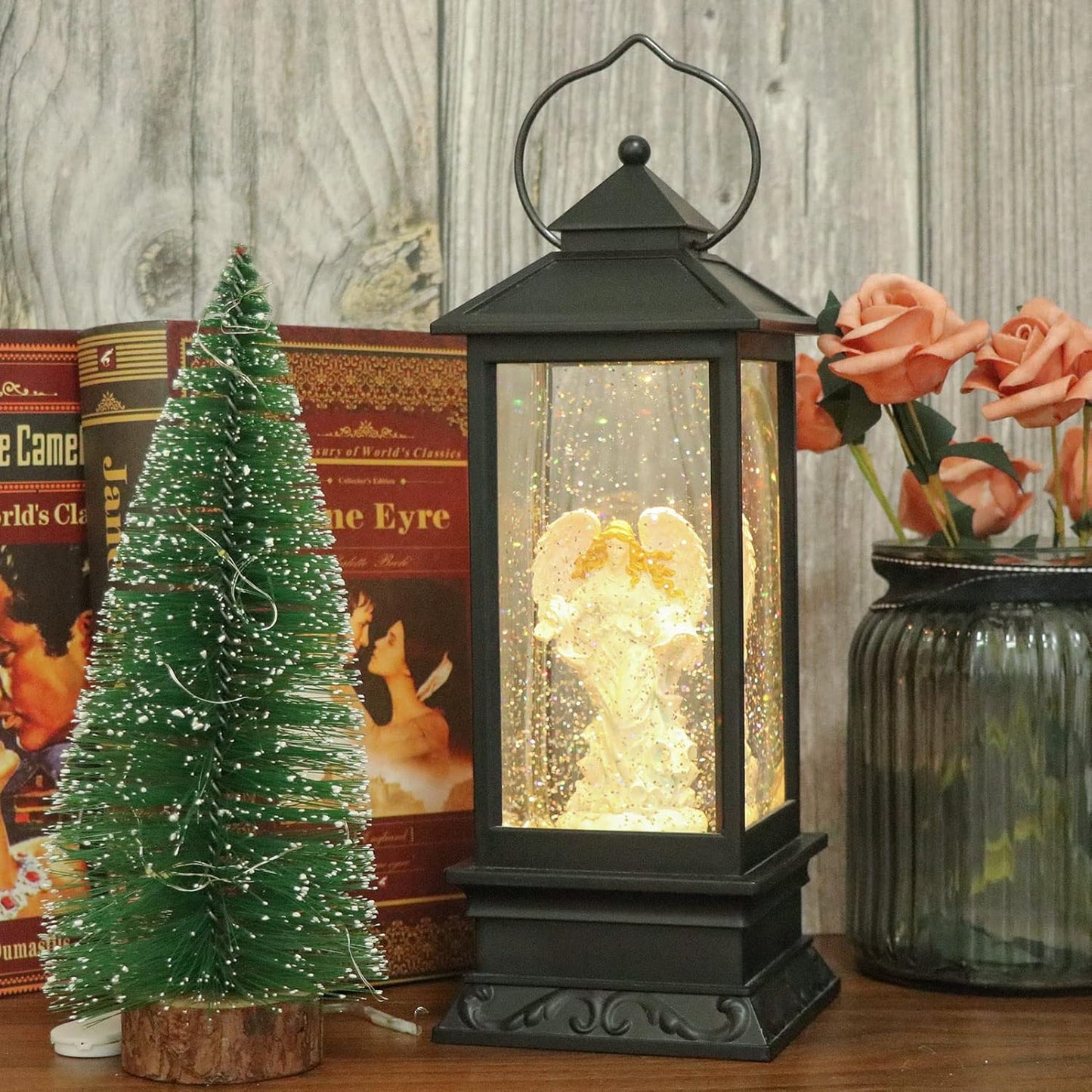 Eldnacele Musical Singing and Lighted Plug-in & Battery Operated Lighted Christmas Water Glittering Snowing Globe Christians Church Lantern for Home Decoration Angel