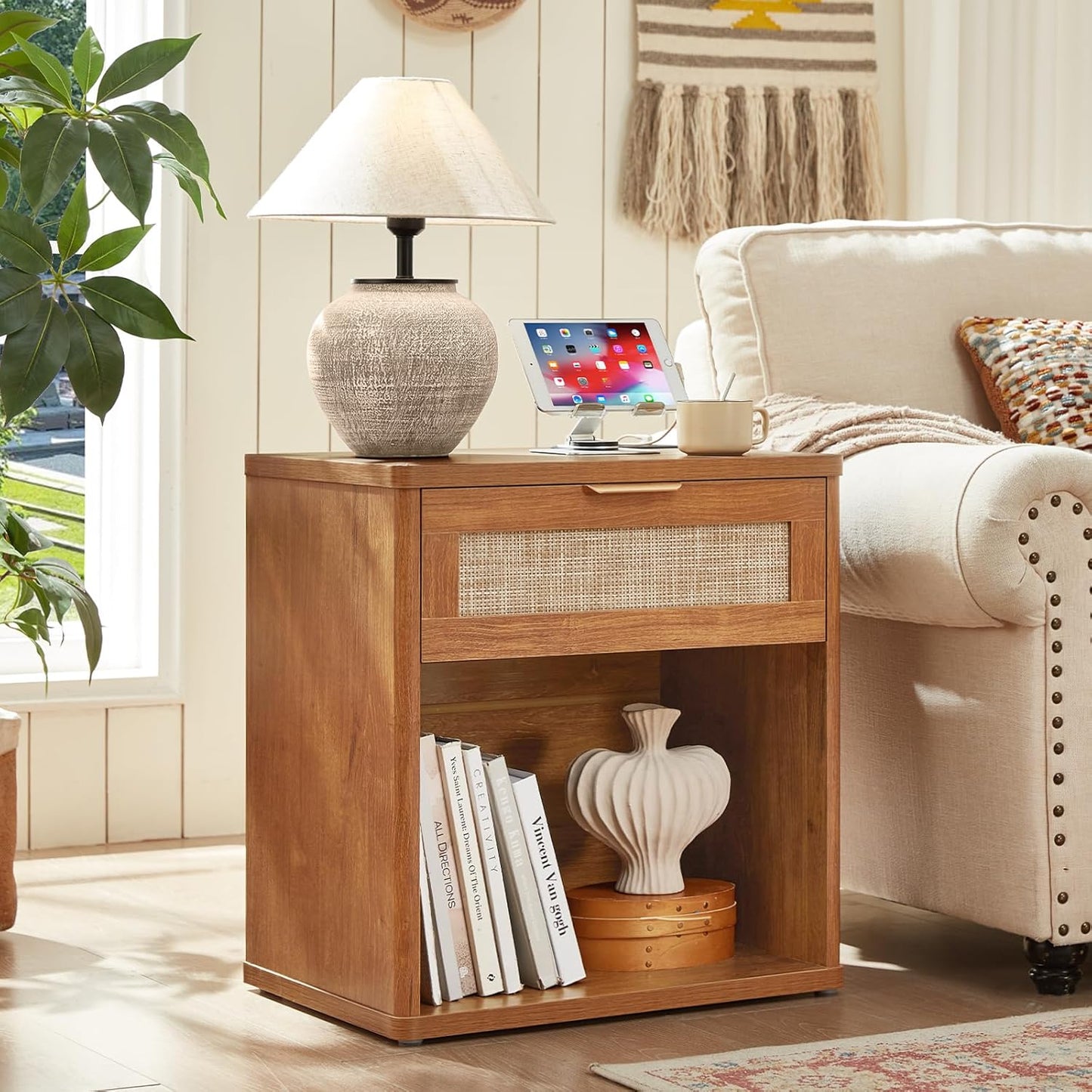 LEYAOYAO Boho Rattan Coffee Table Sets 2 Pieces, Nightstand with Charging Station and Coffee Table with Hidden Storage Compartment, Brown Living Room Table Set, Wood Furniture Sets for Home Office