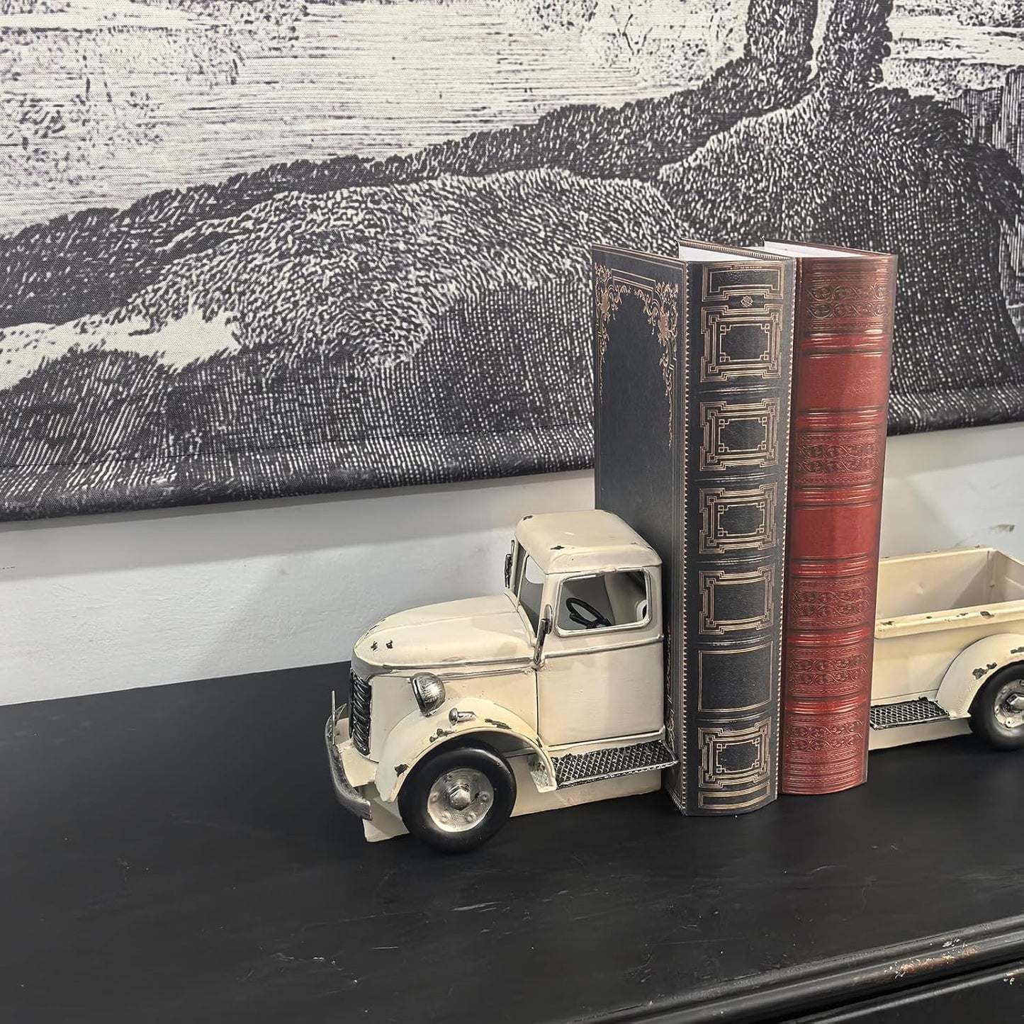 Decorative Book Ends Vintage Bookends: Metal Truck Book Stopper for Heavy Books - Farmhouse Decor for Shelf Table Coffee Bar Office Home - Gift for Adults Men Teen (Vintage White)