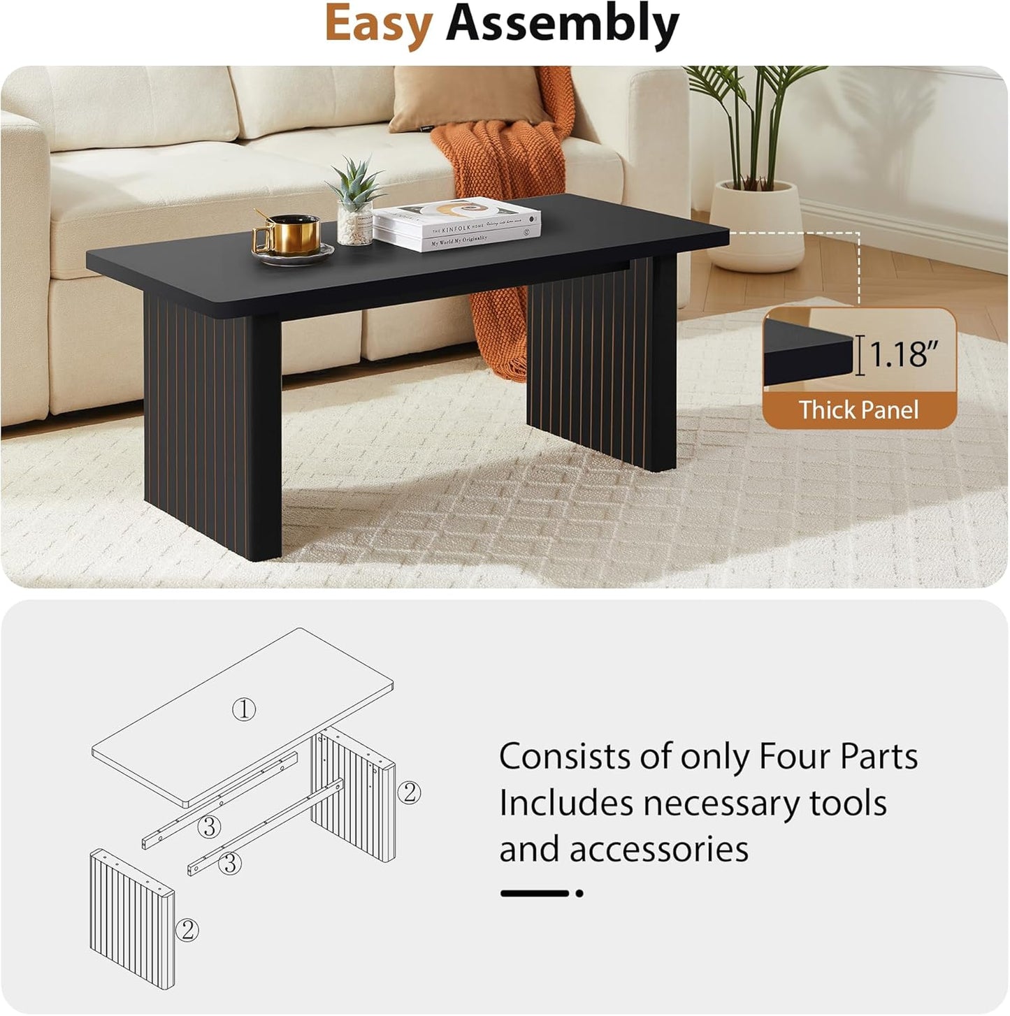 Rectangular Fluted Coffee Table, Farmhouse Wood Coffee Table Mid Century Modern Center Table Boho Living Room Tables for Living Room Office (Black, 19.69" D x 43.3" W x 17.72" H)