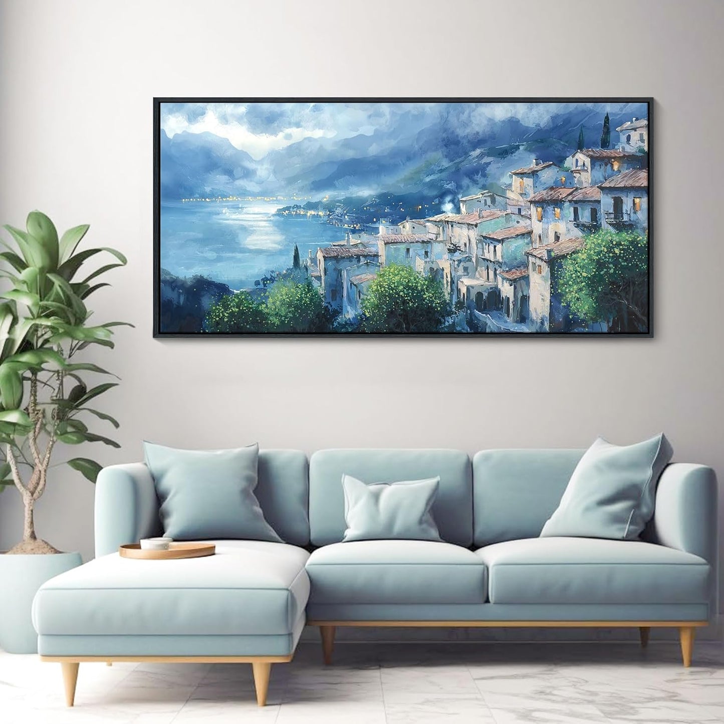 JEAWA Large Framed Canvas Painting - 24x48 IN Landscape Wall Decor Ready to Hang, Gray Blue Town Picture, Lights of Thousands homes Art Prints for Bedroom Living Room Home Decoration