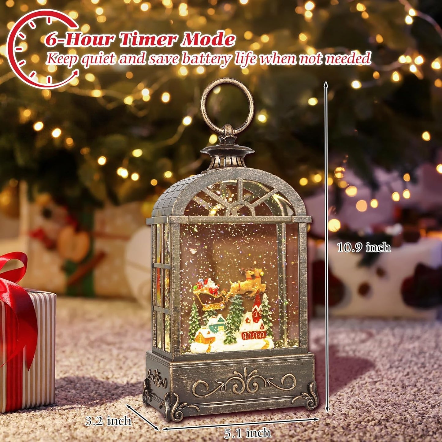 Christmas Snow Globes Lantern,Musical Snow Globes,Christmas Decorations Indoor for Home,Battery Or USB Powered,with 6 Hour Timer,Christmas Lantern for Festival Decoration,Reindeer Vehicle