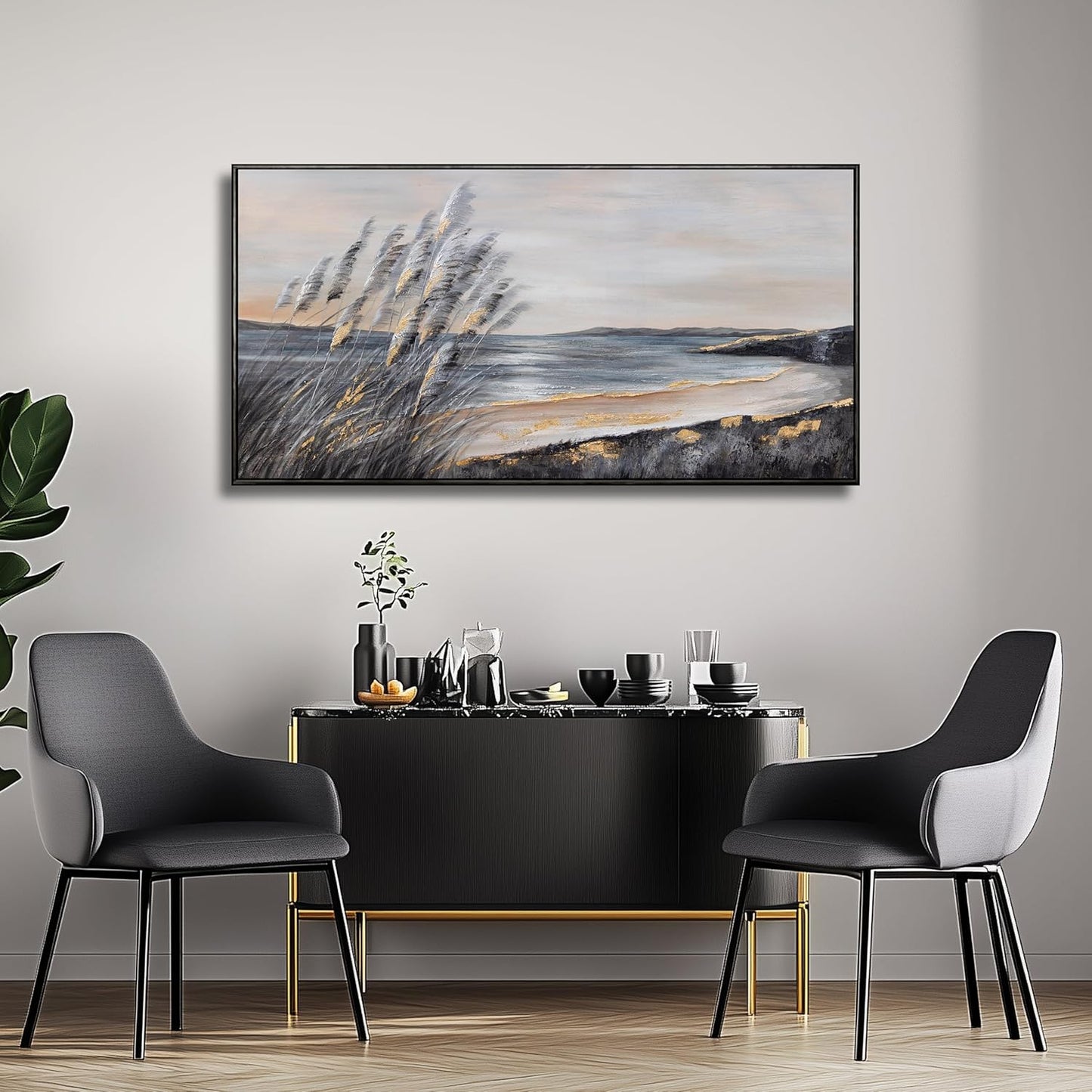 Yuaxker Large Ocean Wall Art Black and Gold Wall Decor Framed Hanging Canvas Painting Modern Aesthetic Artwork for Living Room Bedroom Dining Room Office Home Decor 30x60 Inch