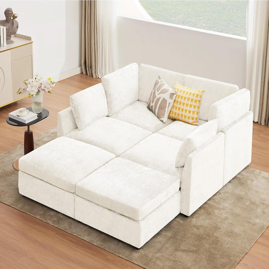 Tbfit U Shaped Couch, Sectional Sofa for Living Room,Chenille Cloud Couch with Ottoman 6 Seat, Beige