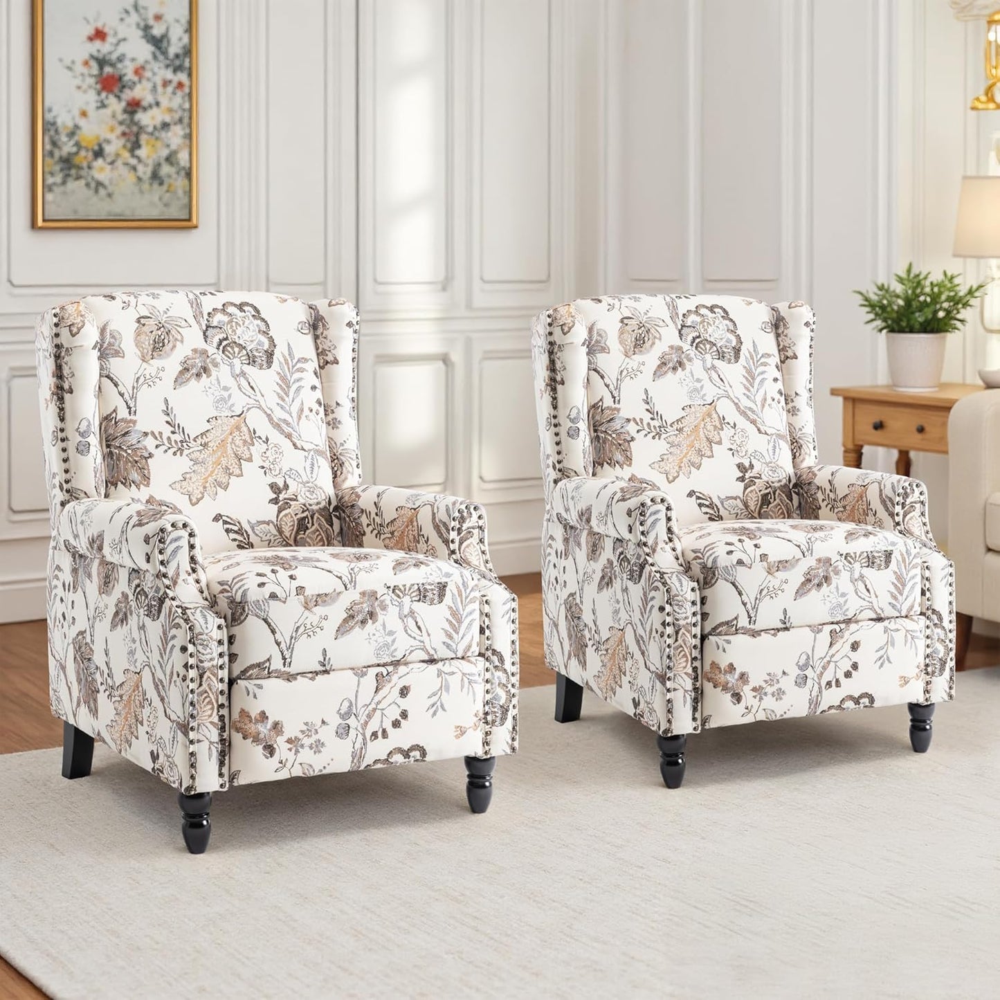 UIXE Recliner Chairs Set of 2, Fabric Upholstered Armchair Pushback Accent Chair for Living Room, Floral Rivet Trim Club Chair Home Theater Single Sofa Bedroom Side Reading Seat - Beige Plants