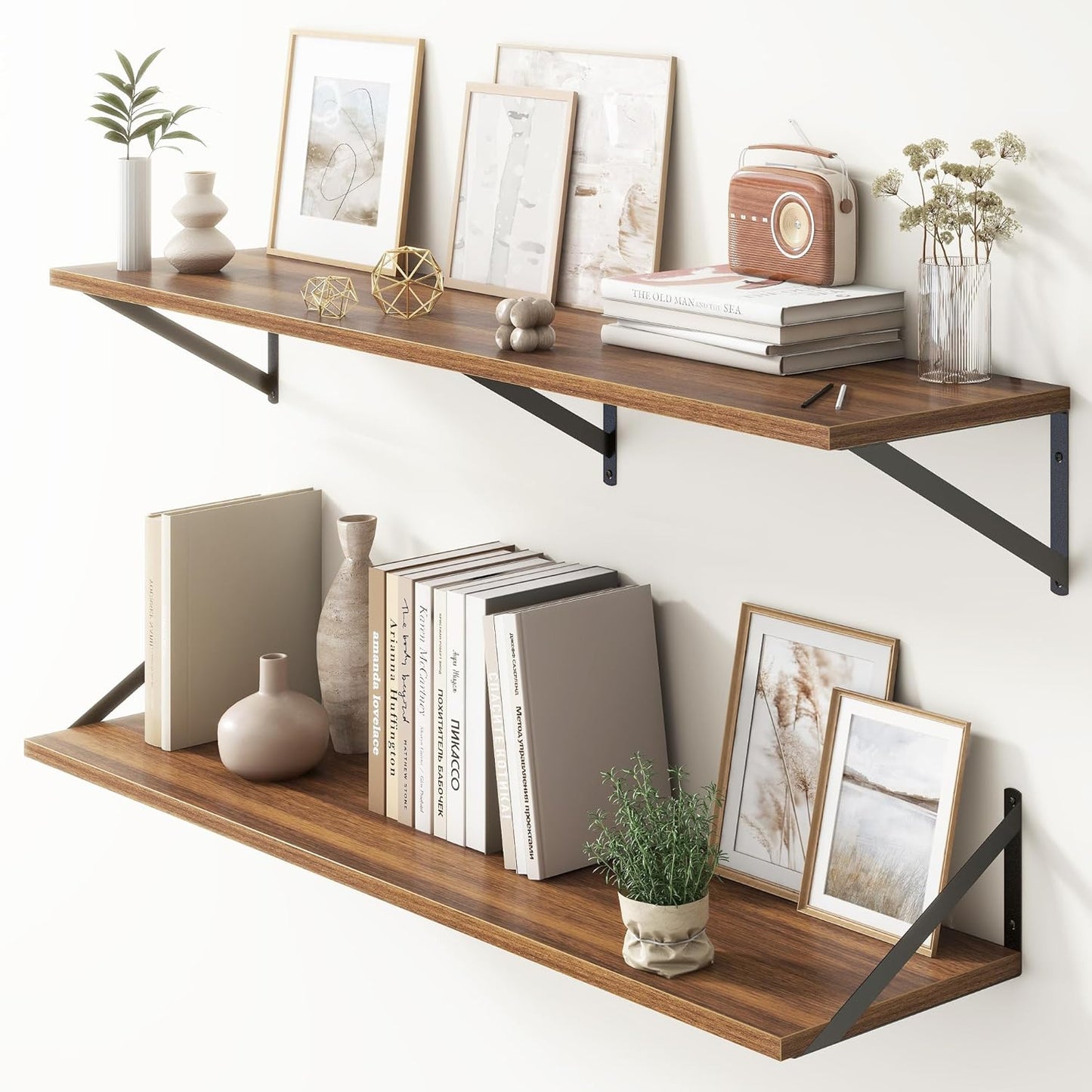 Floating Shelves 48 Inch Long, 10" Deep Floating Shelves, Walnut Wall Shelves 48 x 10, Set of 2, Wide Large Display Storage Shelves for Bathroom, Living Room, Rustic Wood Shelves with Brackets