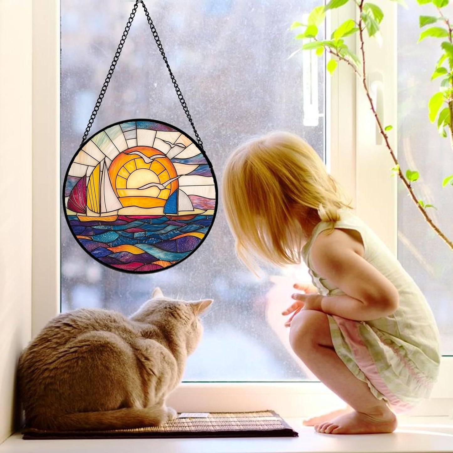 Stained Glass Window Hanging, Sailboat and Waves Suncatcher Diamond Glass Panel Hangings Sun Catchers Decor for Birthday for Women, Men, Wife, Aunt, and Mom 9.8 in