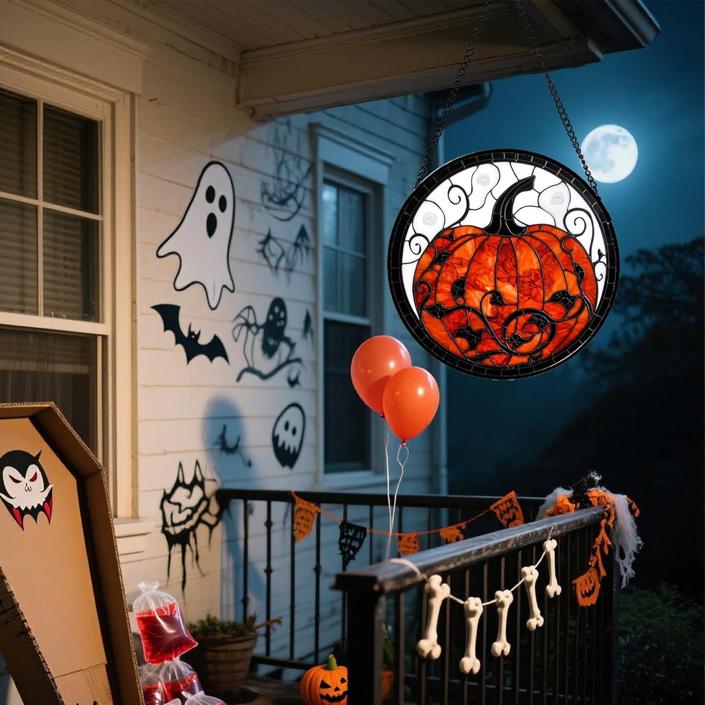 Stained Glass Window Hanging - Halloween Red White Scary Pumpkin Suncatcher for Doors Garden Home Spooky Rattan Sun Catchers Gothic Decor Horror Gifts for Women Men Friend Boy Girl 11.8 in