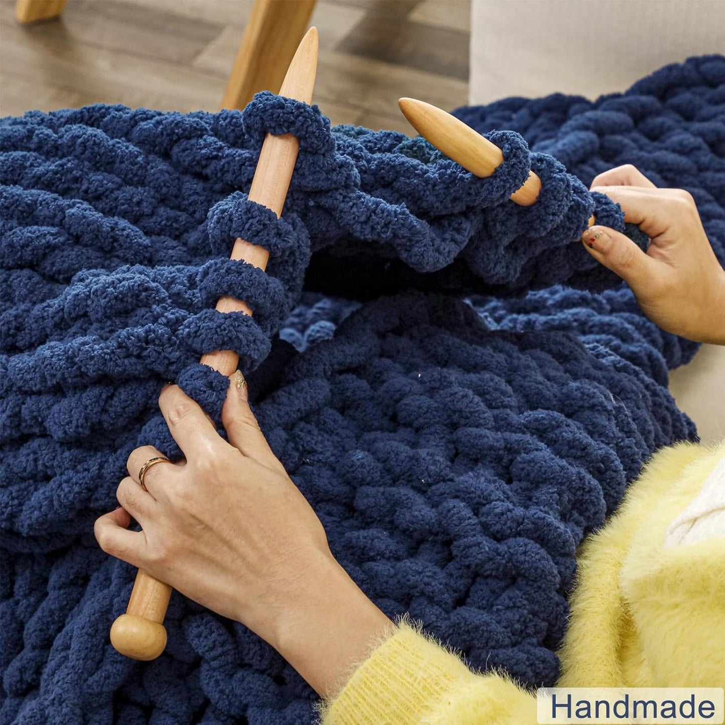 WESHIONGOO Chunky Knit Blanket Throw 40"*40" Knitted Throw Blankets for Couch Bed Fluffy Soft Blanket with Jumbo Chenille Yarn Thick 100% Handmade(Navy Blue)