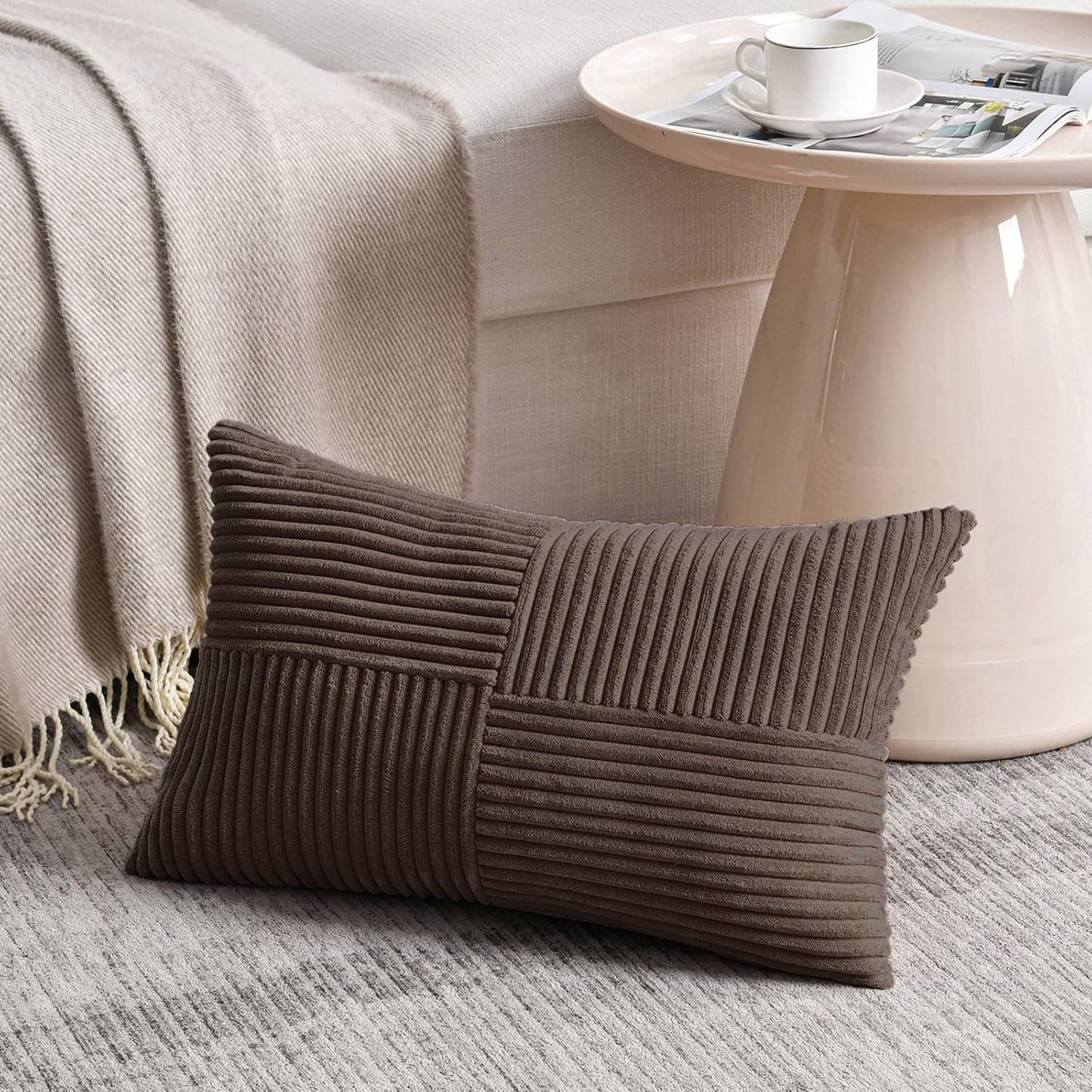 Fancy Homi 2 Packs Dark Brown Lumbar Decorative Throw Pillow Covers 14x24 Inch for Couch Bed, Rustic Farmhouse Boho Home Decor, Soft Striped Corduroy Rectangle Accent Cushion Case 35x60 cm