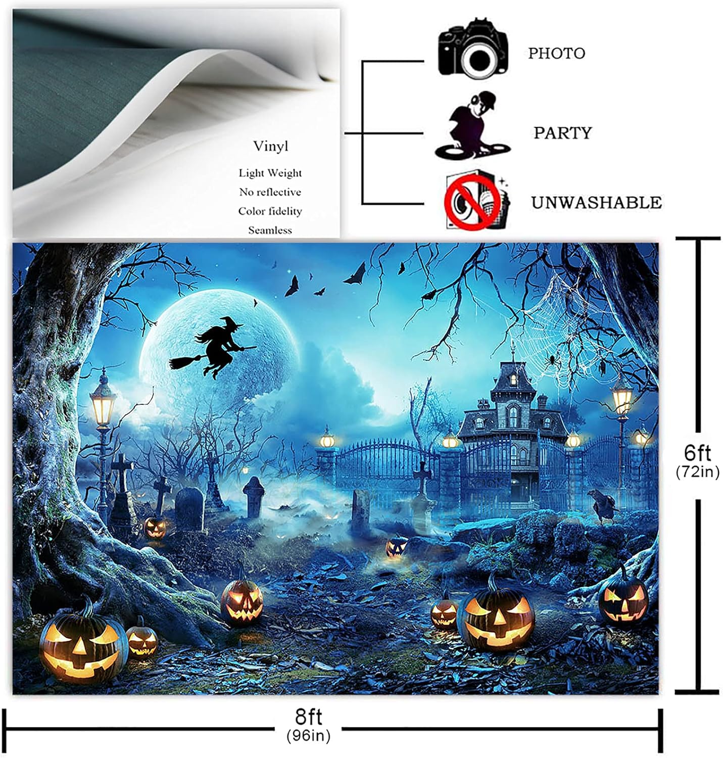 Avezano Halloween Photography Backdrop Full Moon Scary Night Castle Pumpkins Party Background Spooky Witch Bats Cemetery Child Kids Halloween Party Decorations Photoshoot Backdrops (8x6ft, Blue)