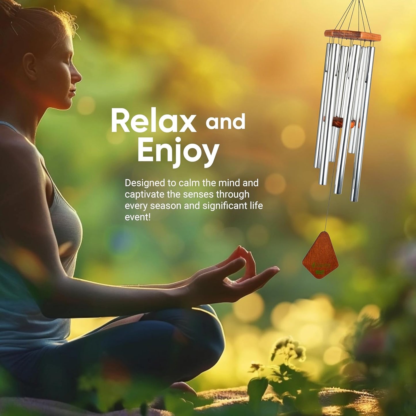Nature’s Melody Premiere Grande Tunes Wind Chimes – Outdoor Windchime with 6 Tubes Tuned to E Pentatonic Scale, Rustproof Aluminum, Beech Wood & S Hook Hanger for Sympathy, Memorial Gift or Zen Garden