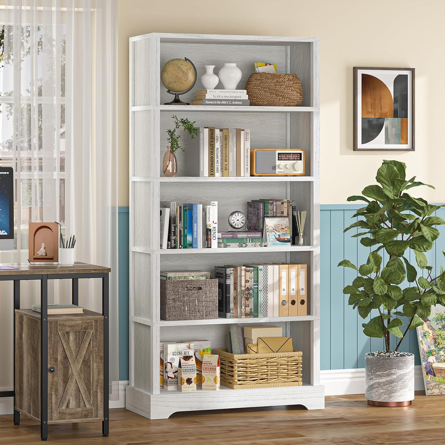 TVU 5-Shelf Wood Bookcase, 65 Inch Tall Bookshelf with Storage, Floor Standing Display Book Shelf，for Living Room Bedroom Study Office，Antique White