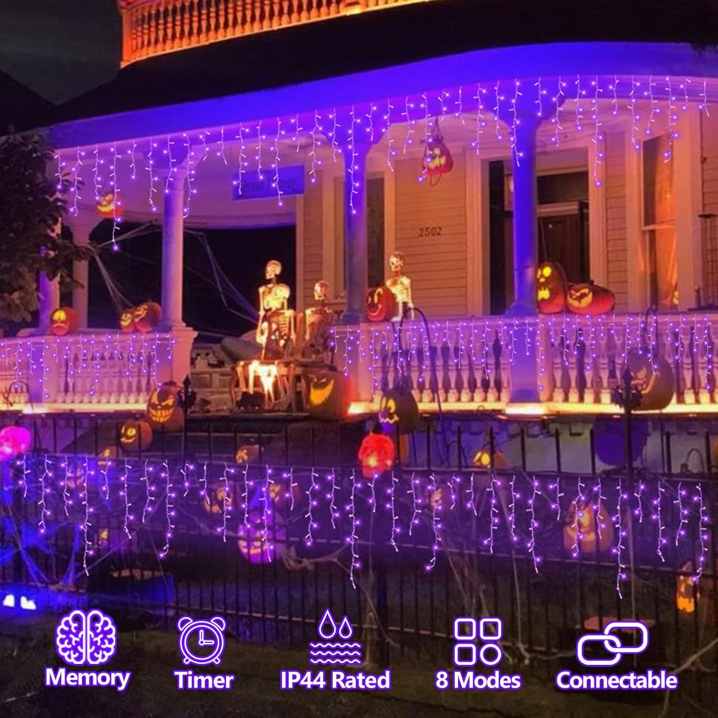 QITONG Purple Halloween Lights Outdoor, 33ft 400 LED Icicle Light for Outside Indoor Plug in, 8 Modes Clear Wire Connectable Christmas Lights with 80 Drops