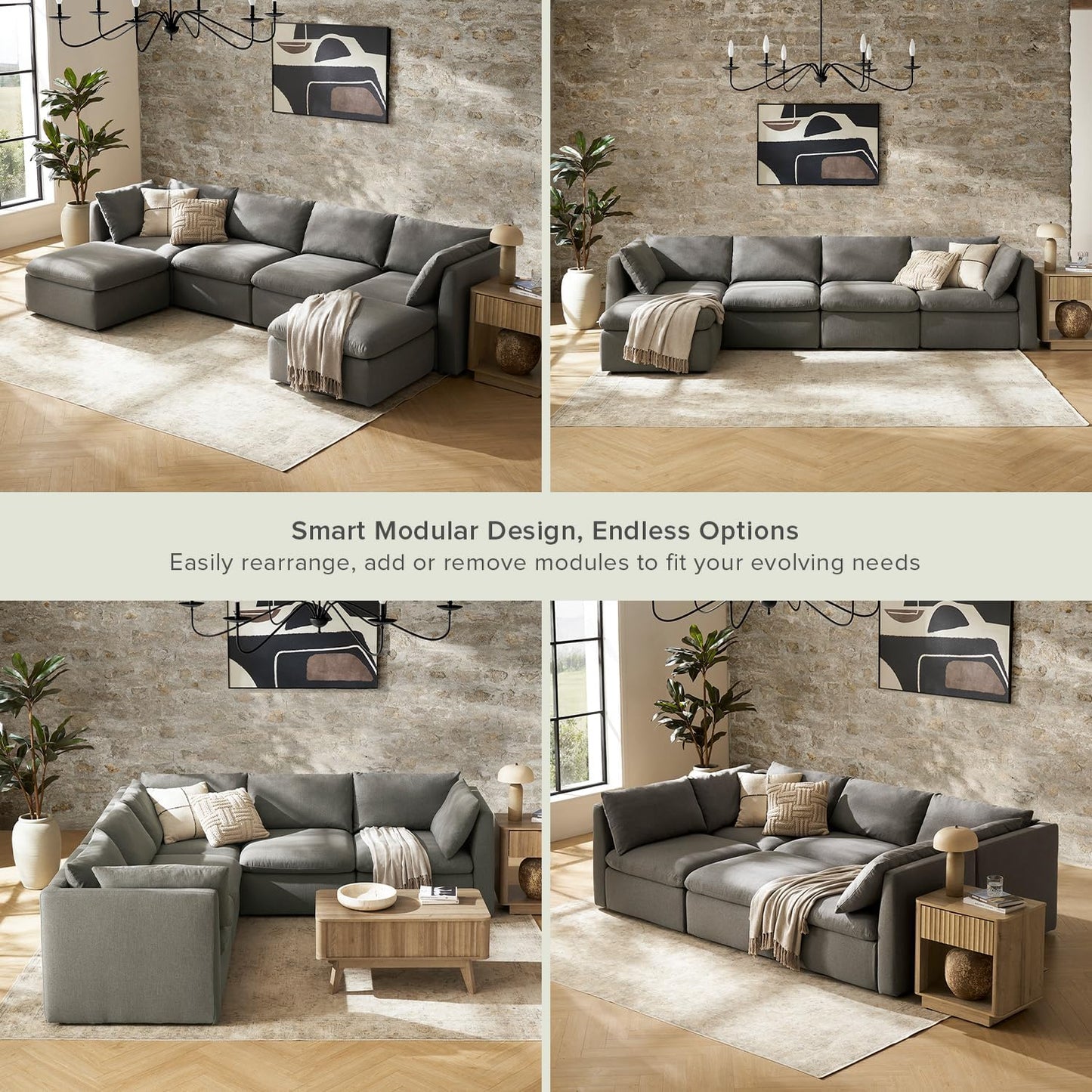 mopio Oversized Modular Sectional Sofa with Fully Removable Covers and Storage, Convertible U, L-Shaped and Sleeper Sectional, Modern Couches with Ottoman Chaise (Stone Gray Fabric, 6 Seats, U)