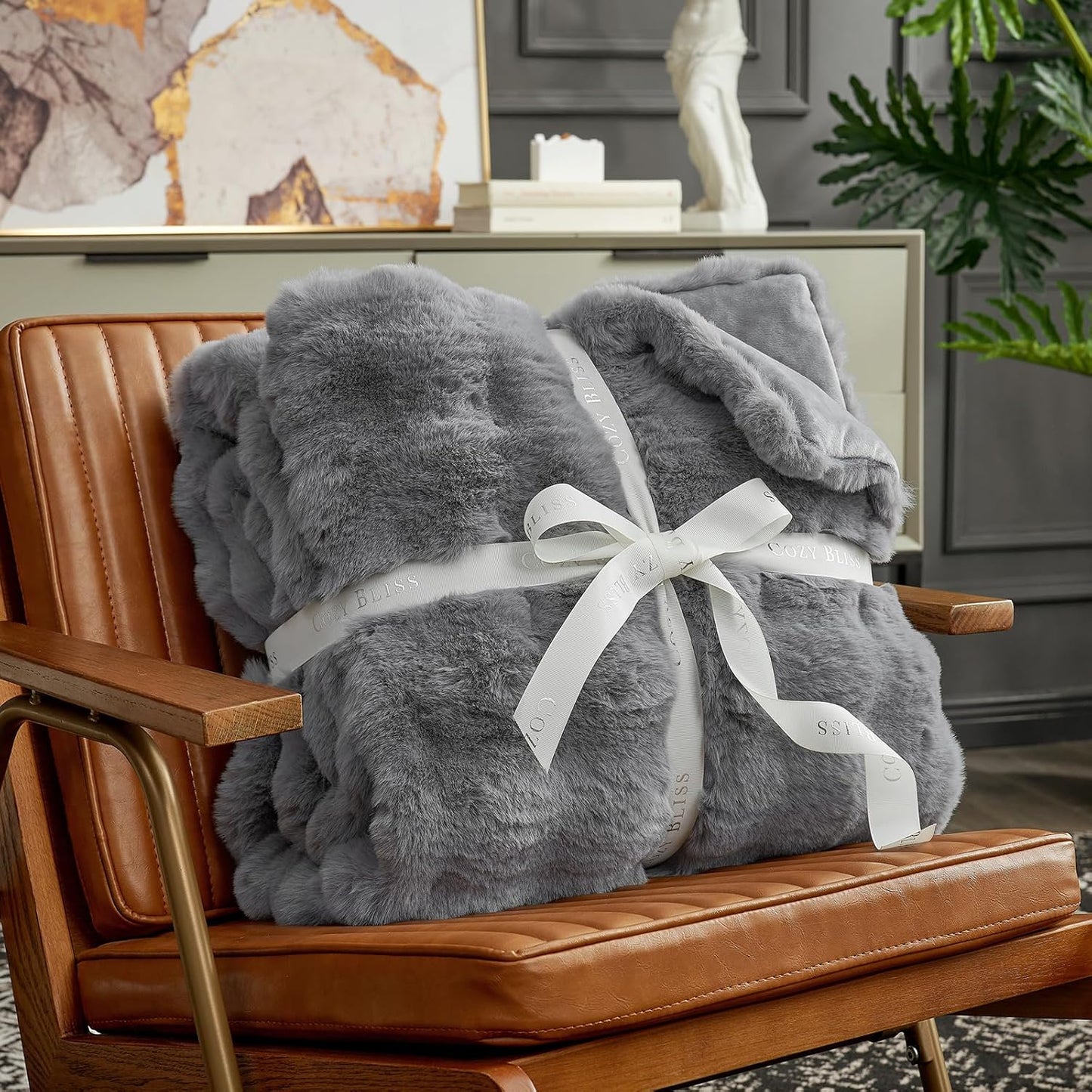 Cozy Bliss Faux Fur Throw Blanket for Couch, Fuzzy Soft Plush Thick Bubble Blanket for Sofa Bedroom Living Room, 108 * 90 Inches Light Grey