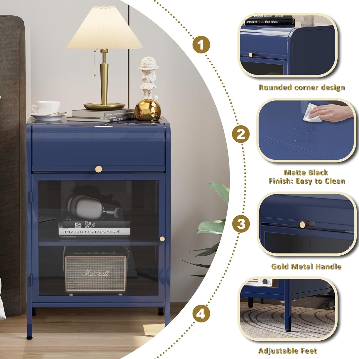 Modern Metal Side Tables, End Tables with Glass Door, 2-Tier Nightstands with Storage Shelves, Accent Table, Slim Sofa Table for Living Room, Bedroom (1, Bule)